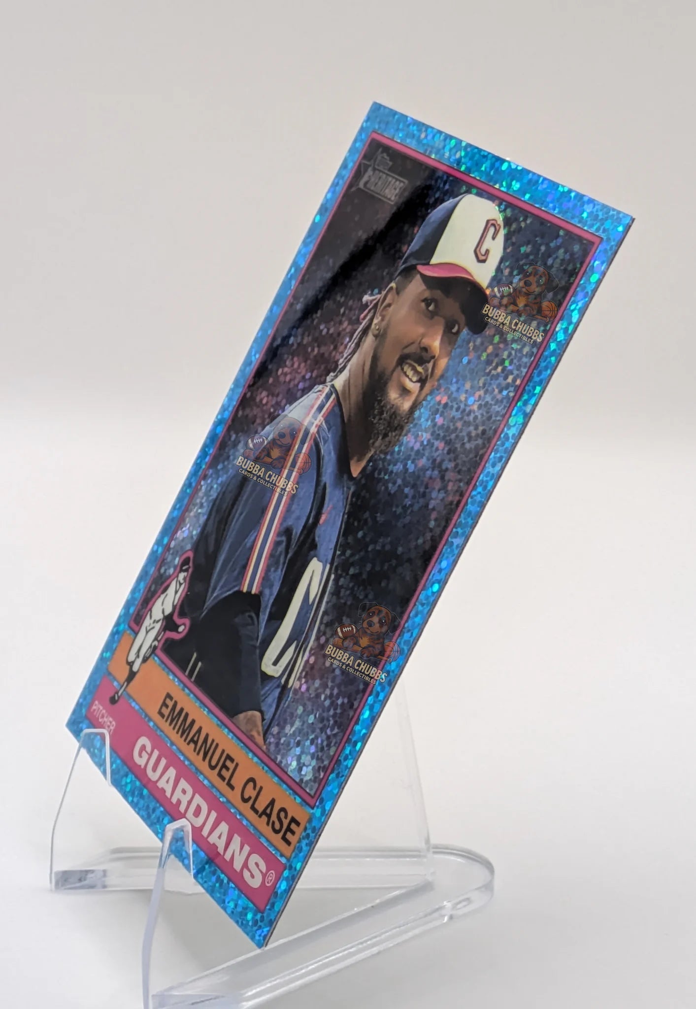 Baseball trading card of Emmanuel Clase with parallel blue glitter sparkle Clevland Guardians Topps Heritage
