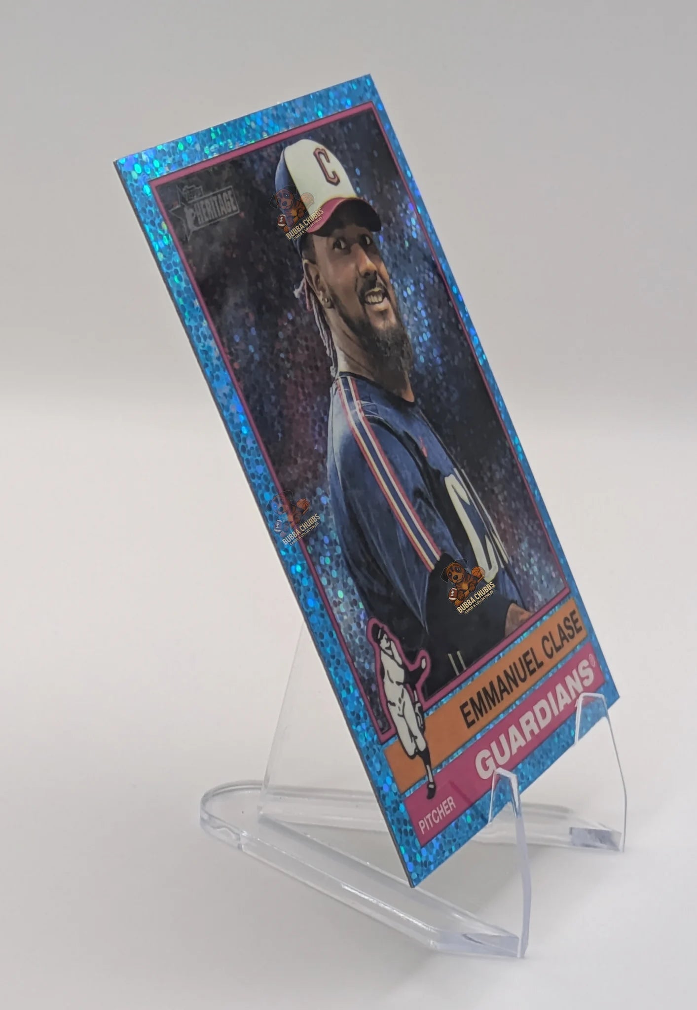 Baseball trading card of Emmanuel Clase with parallel blue glitter sparkle Clevland Guardians Topps Heritage