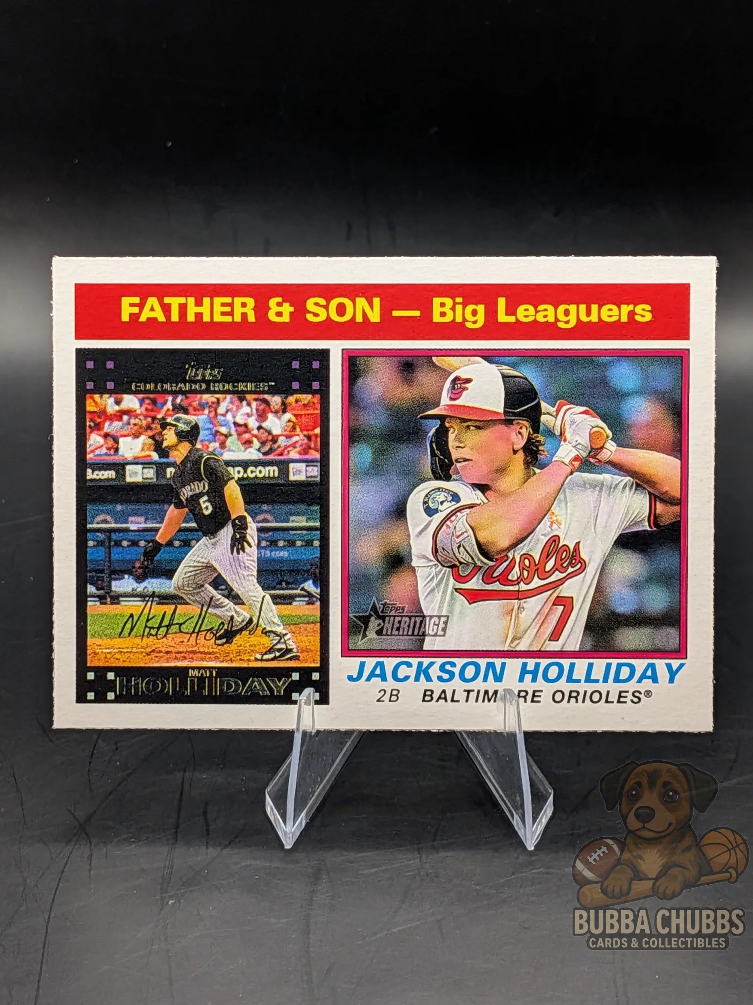 Baseball trading card featuring Jackson Holliday of the Baltimore Orioles and Matt Holliday of the Colorado Rockies
Topps Heritage Father-Son