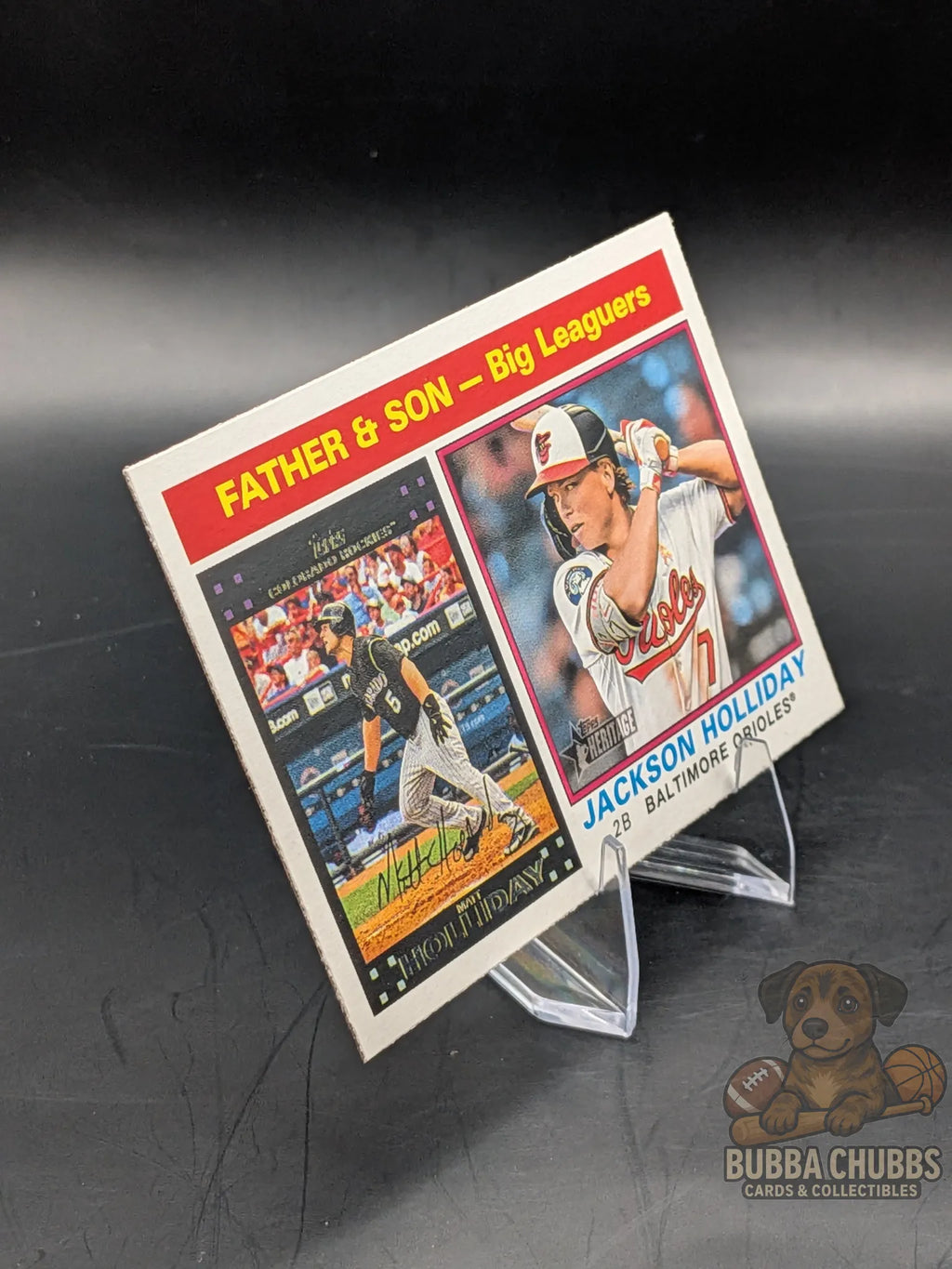 Baseball trading card featuring Jackson Holliday of the Baltimore Orioles and Matt Holliday of the Colorado Rockies
Topps Heritage Father-Son