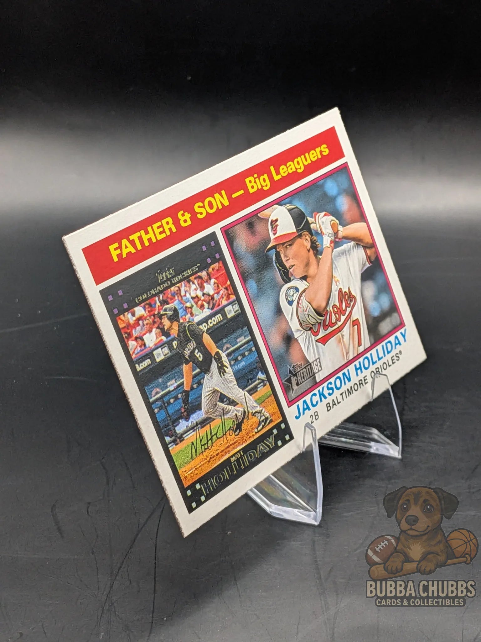 Baseball trading card featuring Jackson Holliday of the Baltimore Orioles and Matt Holliday of the Colorado Rockies
Topps Heritage Father-Son