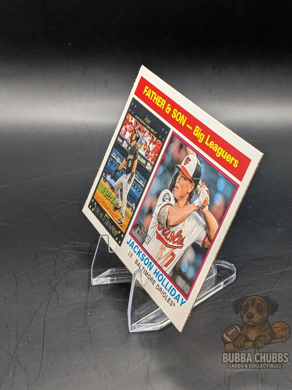 Baseball trading card featuring Jackson Holliday of the Baltimore Orioles and Matt Holliday of the Colorado Rockies
Topps Heritage Father-Son