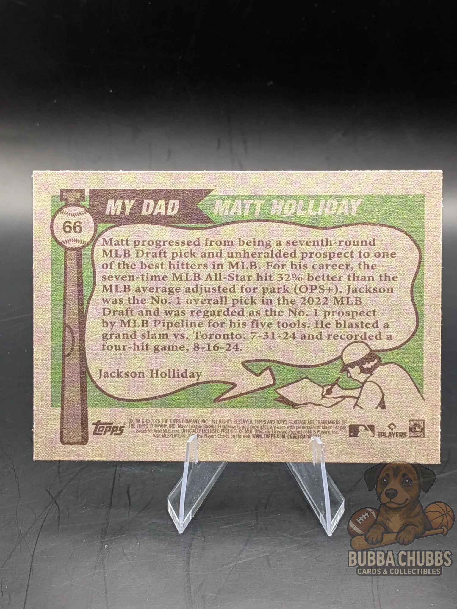 Baseball trading card featuring Jackson Holliday of the Baltimore Orioles and Matt Holliday of the Colorado Rockies
Topps Heritage Father-Son