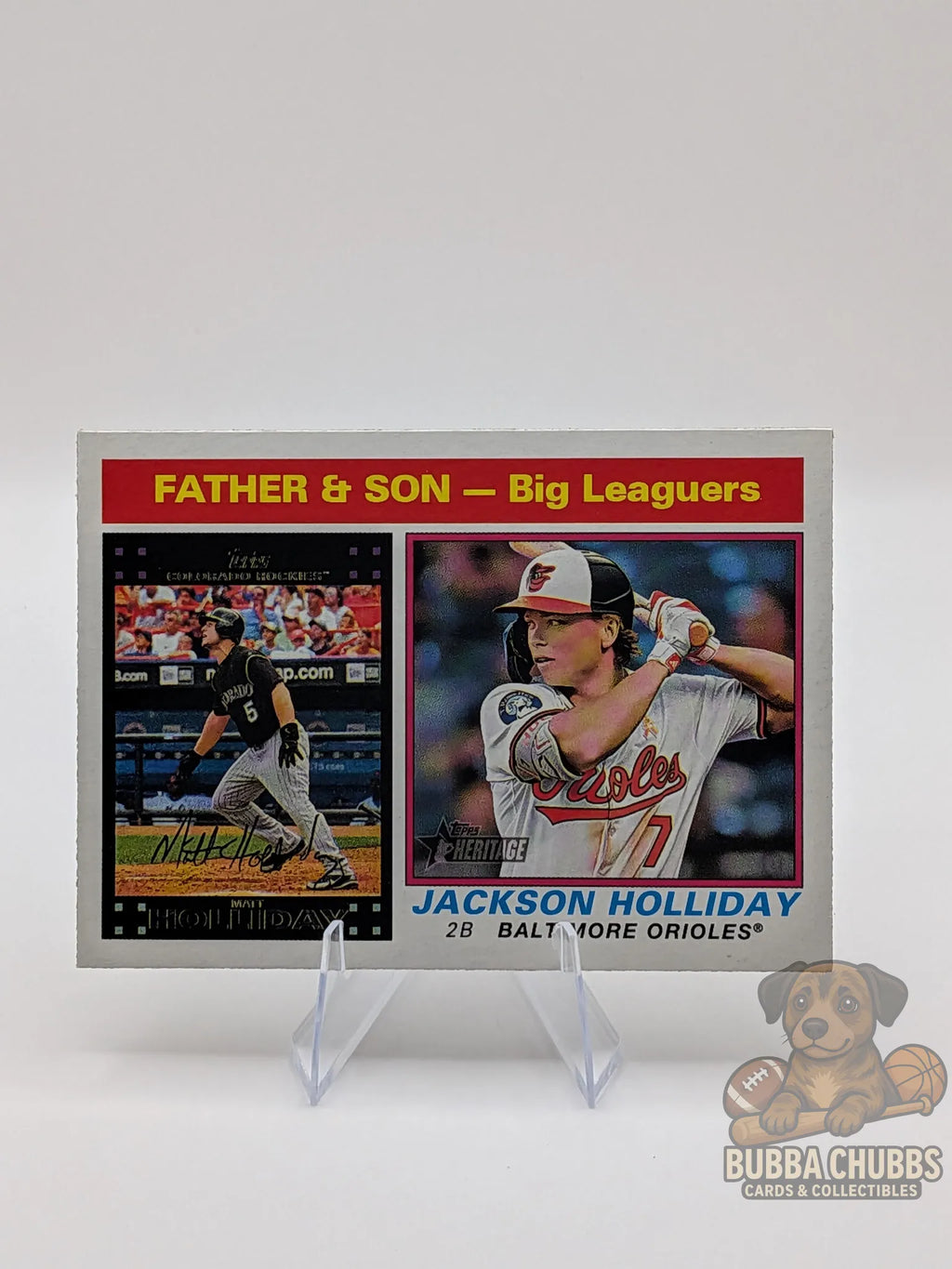 Baseball trading card featuring Jackson Holliday of the Baltimore Orioles and Matt Holliday of the Colorado Rockies
Topps Heritage Father-Son