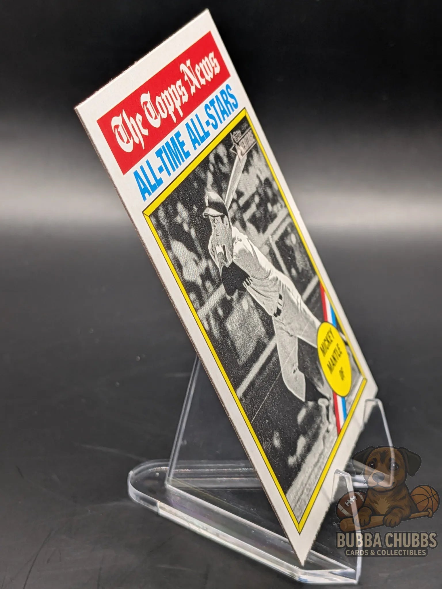 Baseball trading card featuring Mickey Mantle Topps News All-Time All-Stars series insert