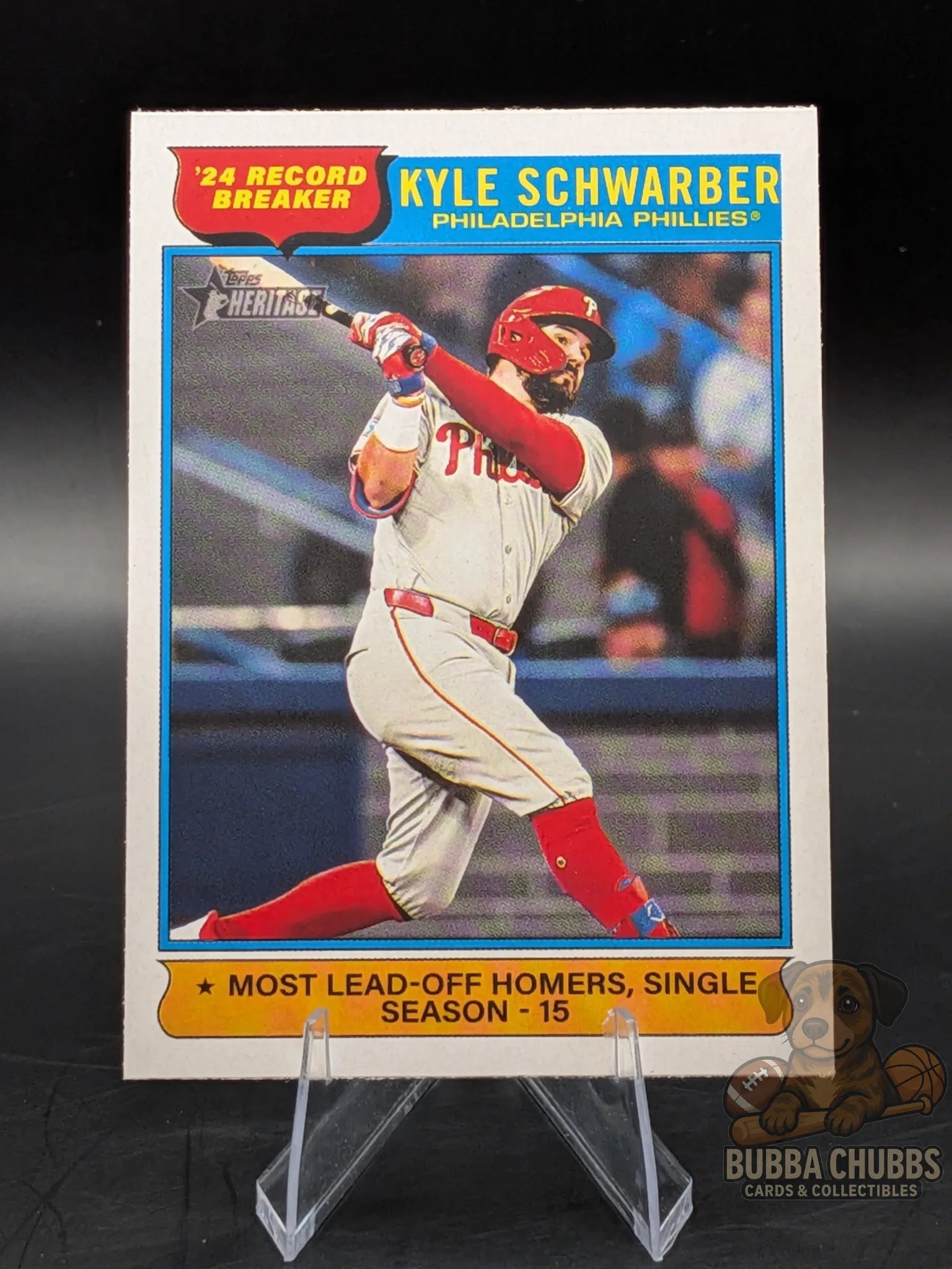 Baseball trading card of Kyle Schwarber of the Philadelphia Phillies Topps Heritage 2024 record breaker
