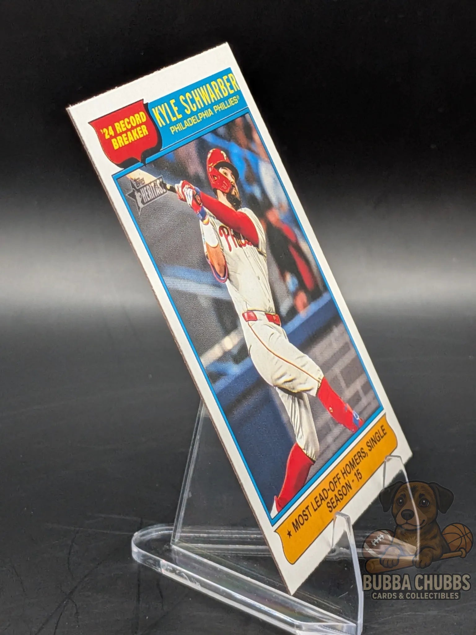 Baseball trading card of Kyle Schwarber of the Philadelphia Phillies Topps Heritage 2024 record breaker
