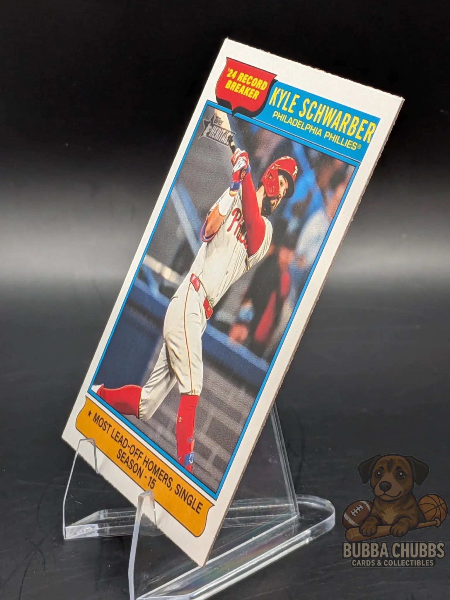 Baseball trading card of Kyle Schwarber of the Philadelphia Phillies Topps Heritage 2024 record breaker