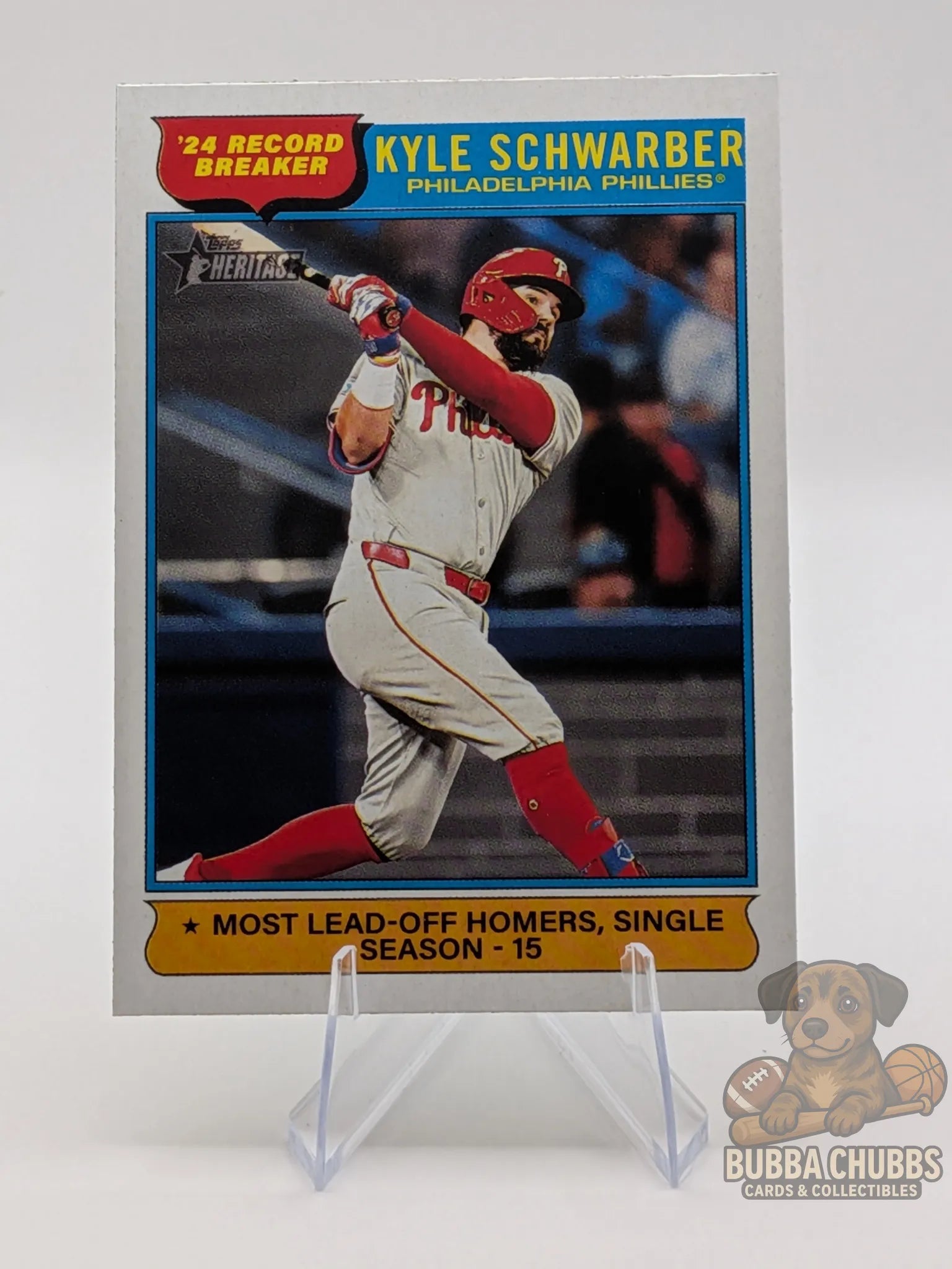 Baseball trading card of Kyle Schwarber of the Philadelphia Phillies Topps Heritage 2024 record breaker