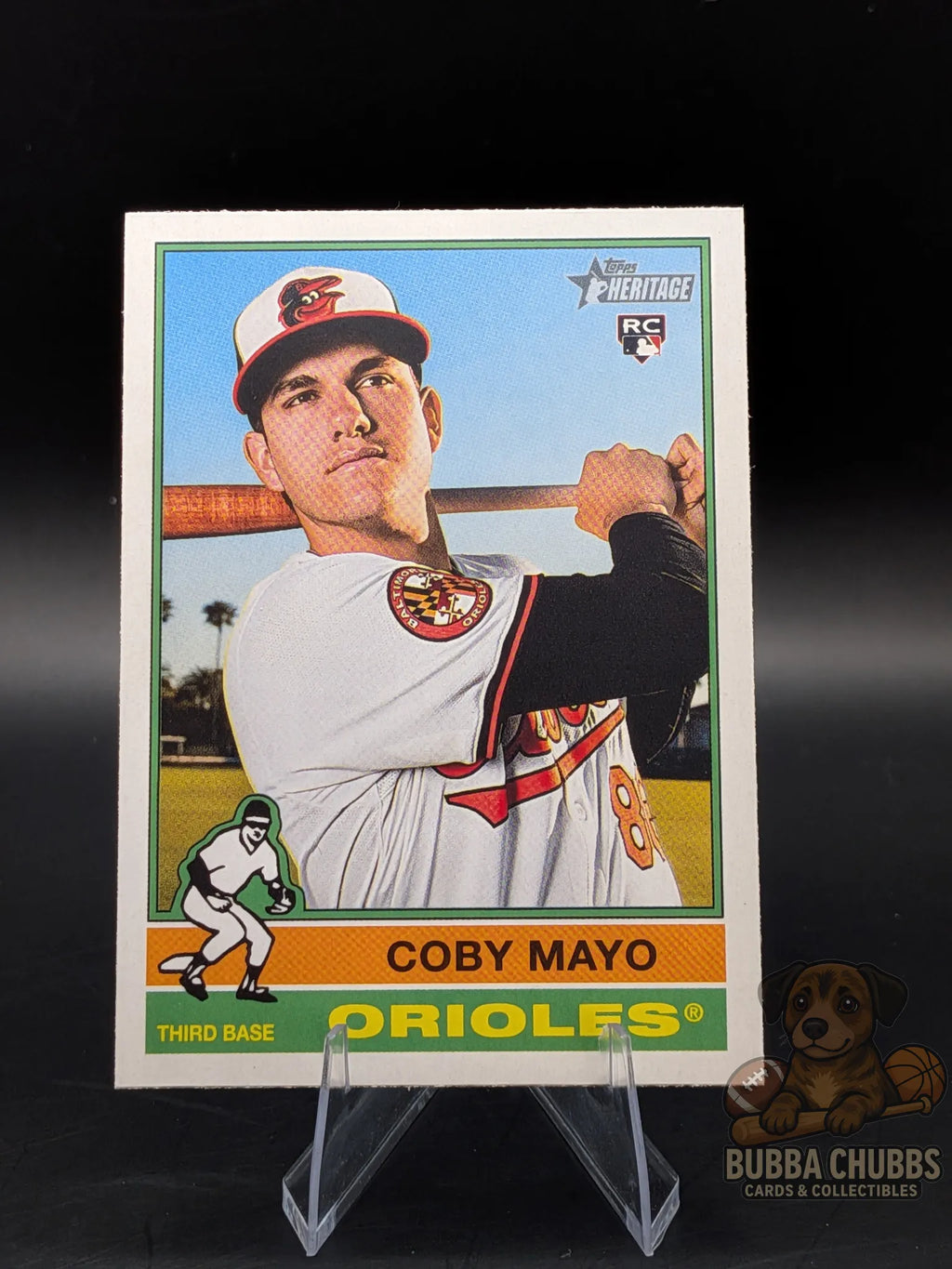 Baseball trading card of rookie Coby Mayo with the Baltimore Orioles topps heritage
