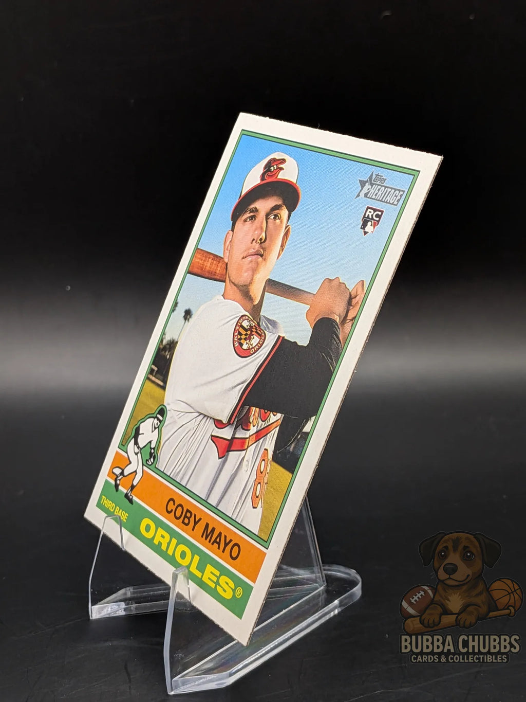 Baseball trading card of rookie Coby Mayo with the Baltimore Orioles topps heritage