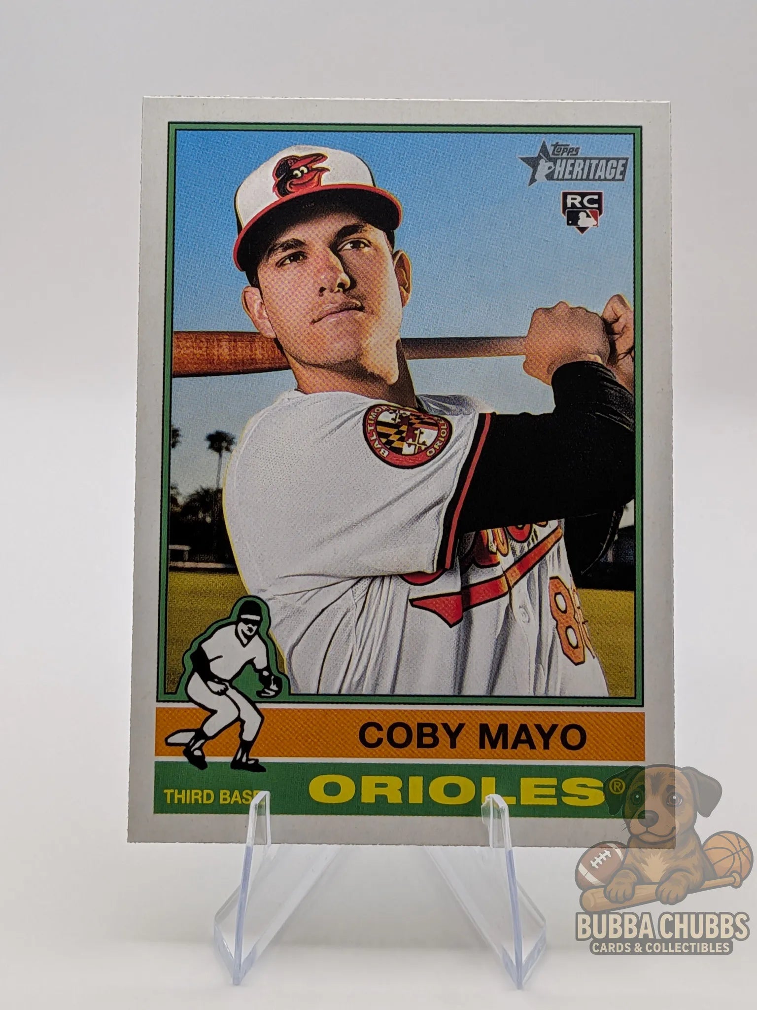 Baseball trading card of rookie Coby Mayo with the Baltimore Orioles topps heritage