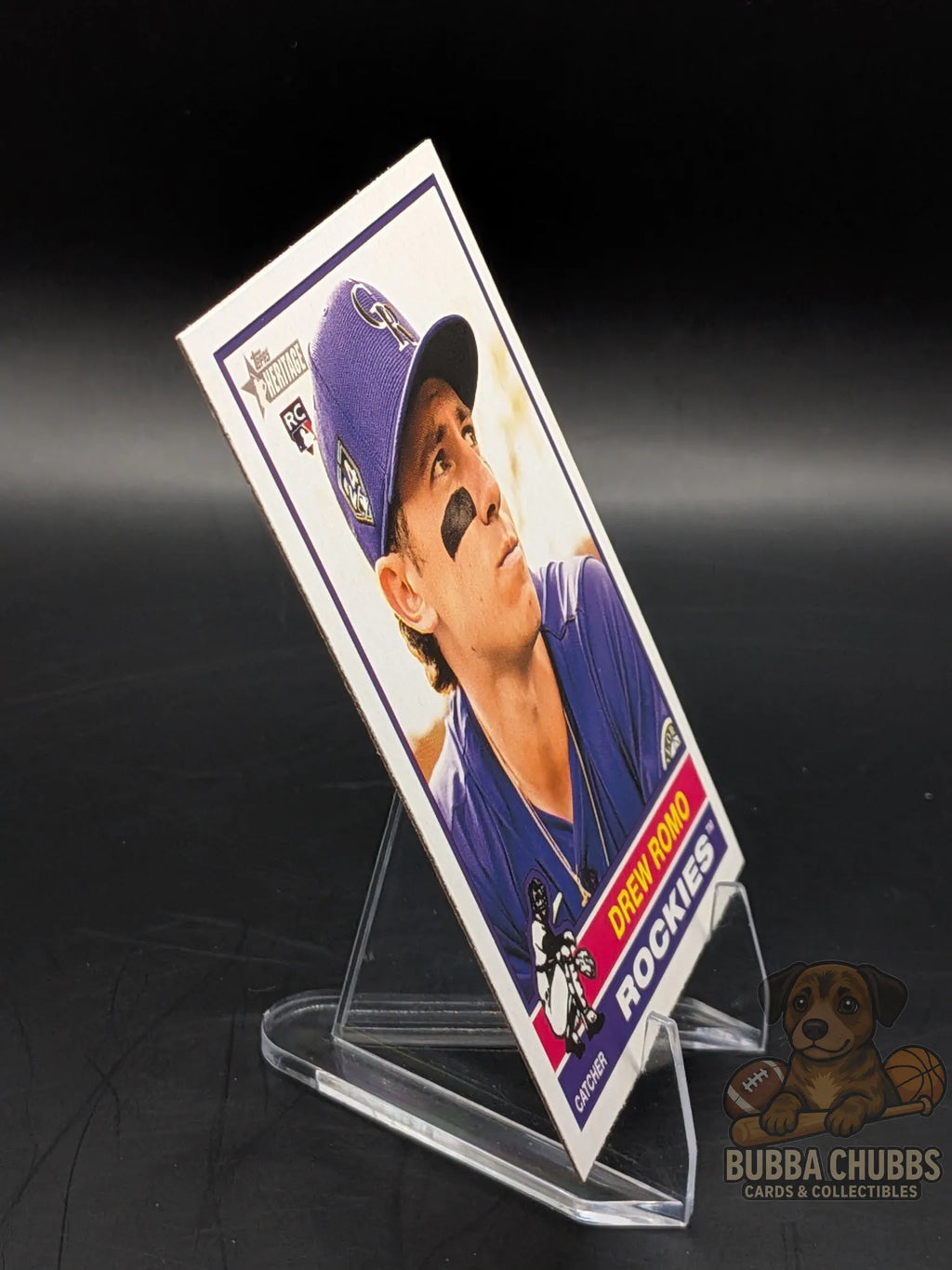 Baseball rookie trading card of Drew Romo of the Colorado Rockies topps heritage