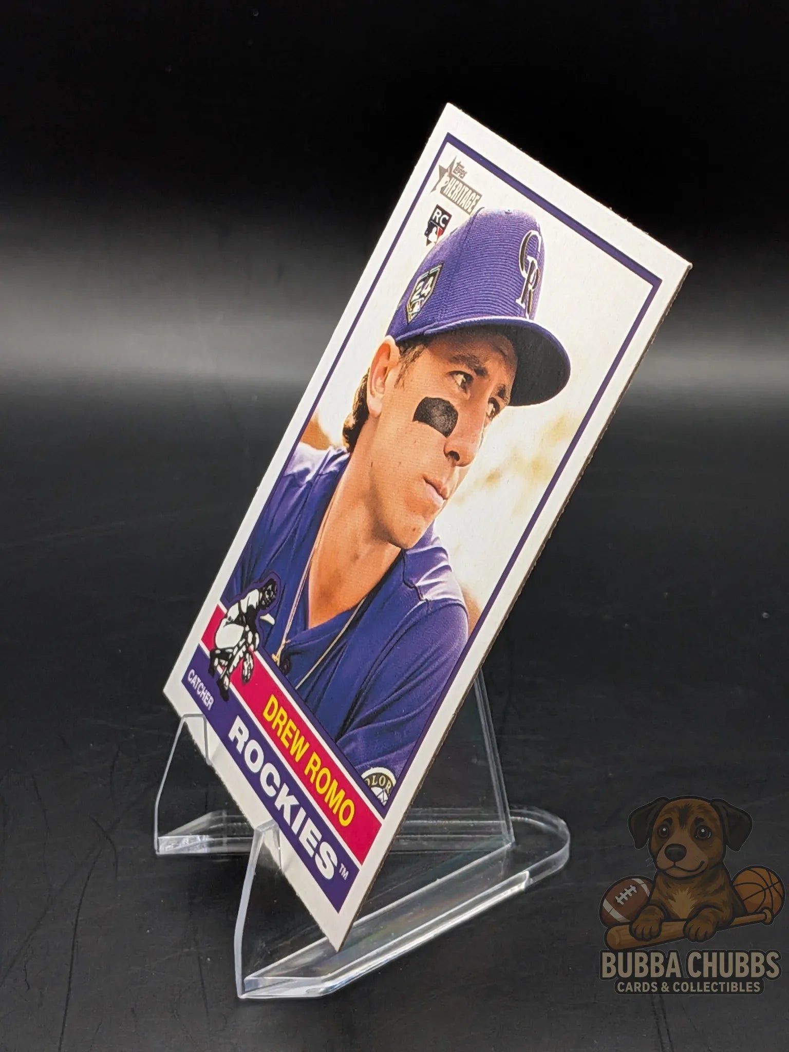 Baseball rookie trading card of Drew Romo of the Colorado Rockies topps heritage