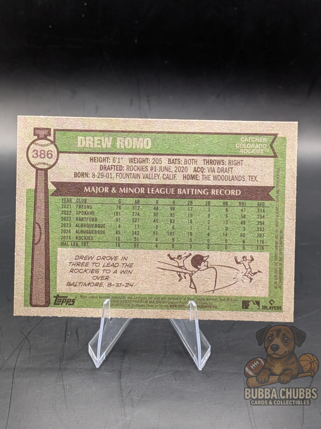 Baseball rookie trading card of Drew Romo of the Colorado Rockies topps heritage