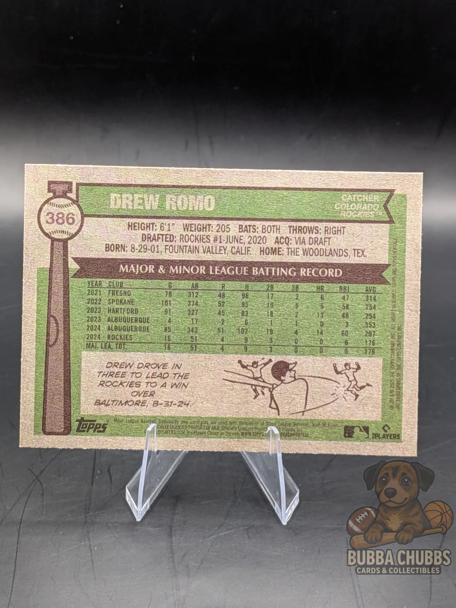 Baseball rookie trading card of Drew Romo of the Colorado Rockies topps heritage