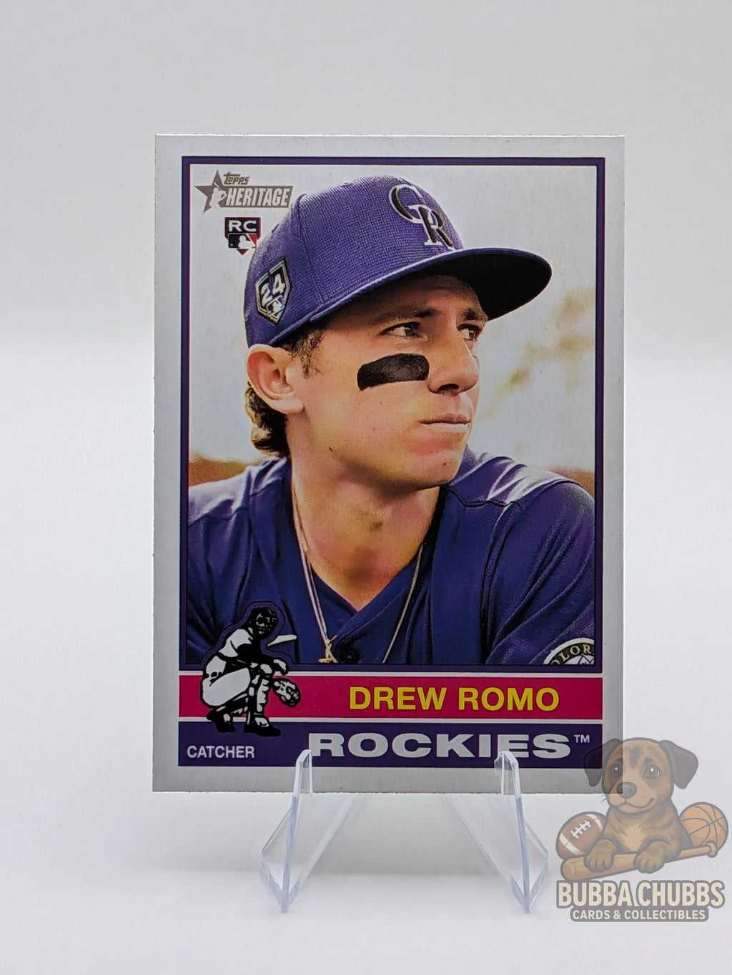 Baseball rookie trading card of Drew Romo of the Colorado Rockies topps heritage
