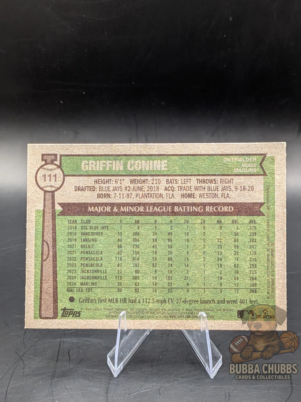 Baseball rookie trading card of Griffin Conine with the Miami Marlins topps heritage