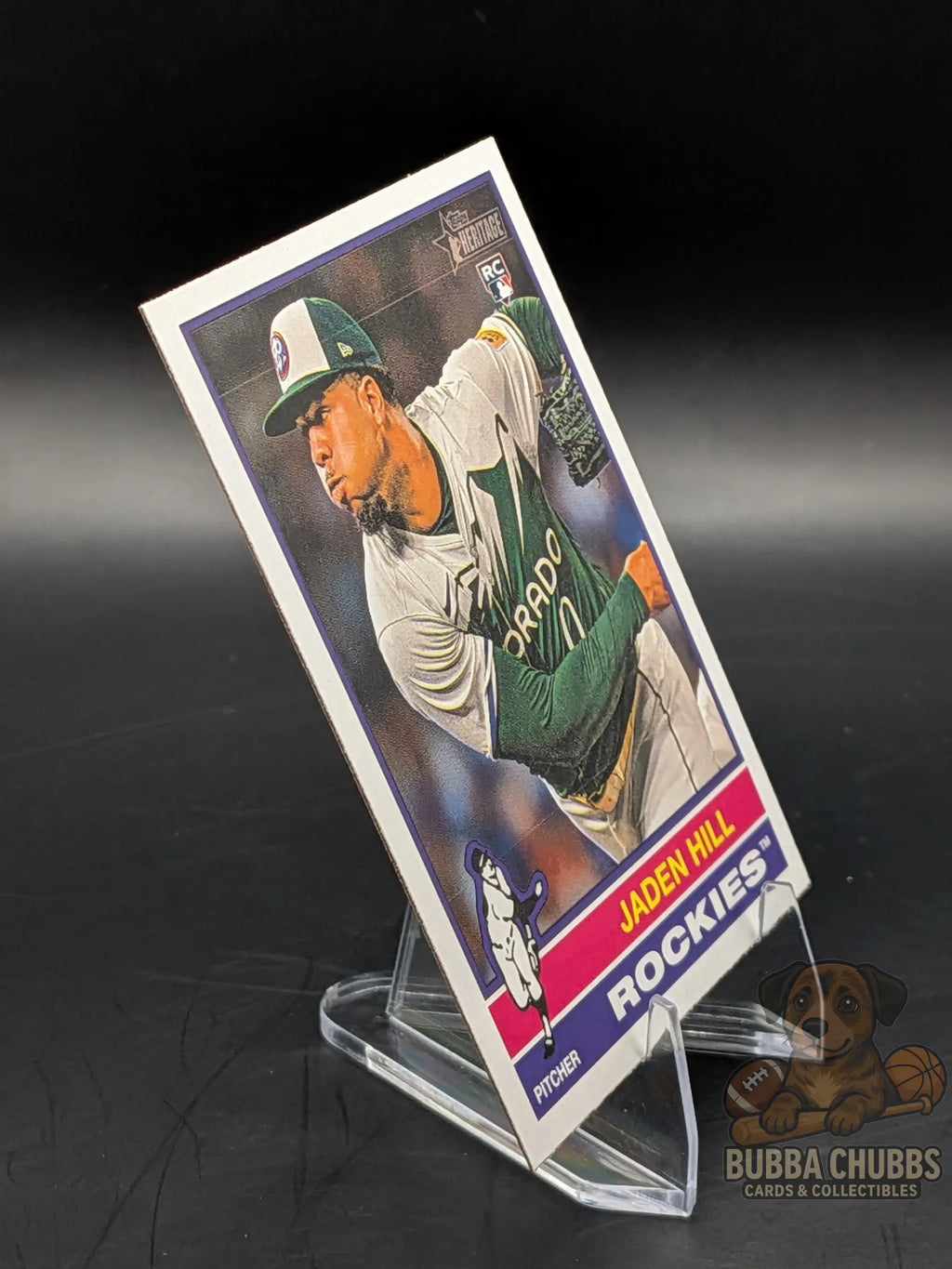 Baseball rookie trading card of Jaden Hill on the Colorado Rockies topps heritage