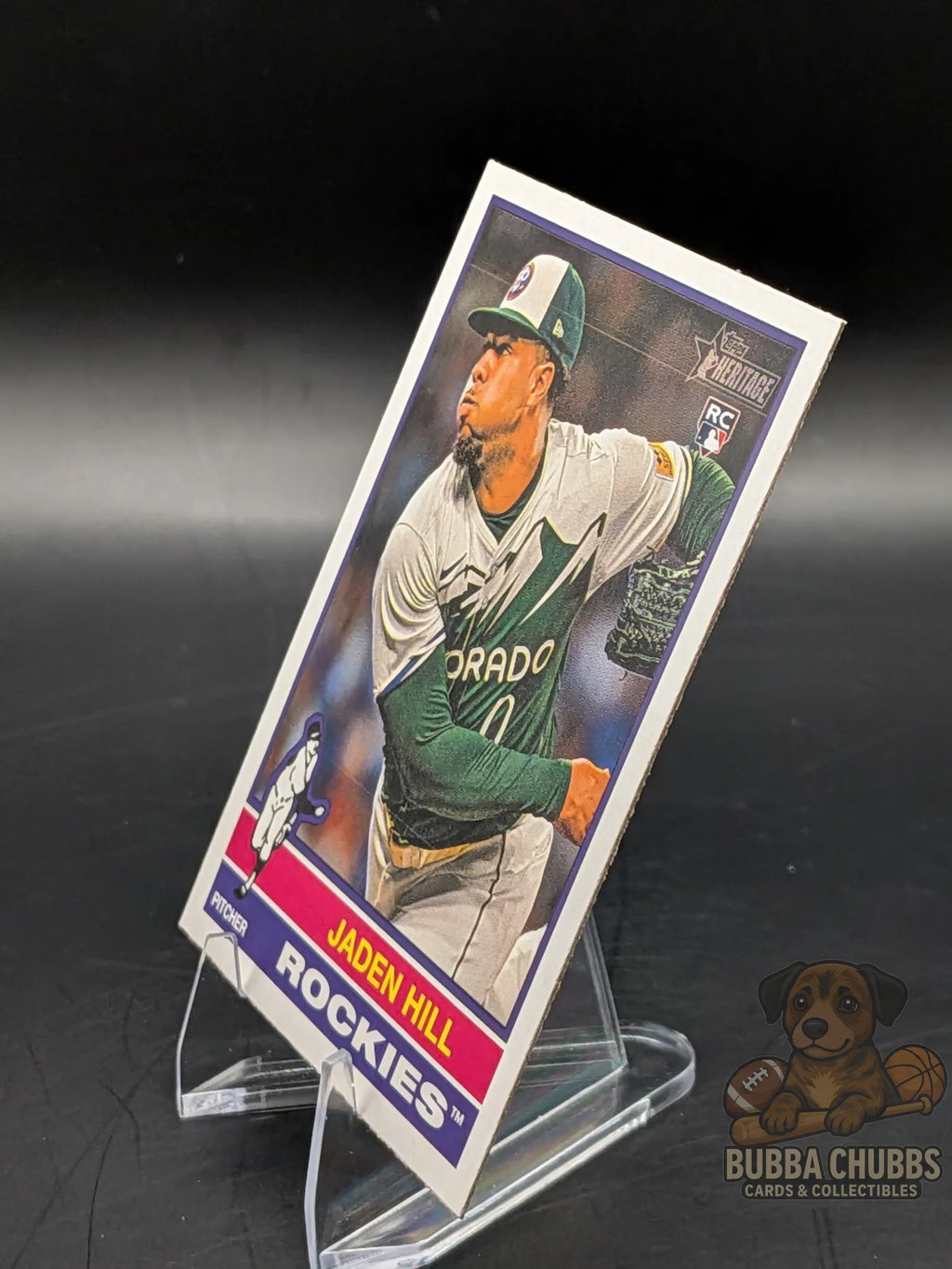 Baseball rookie trading card of Jaden Hill on the Colorado Rockies topps heritage