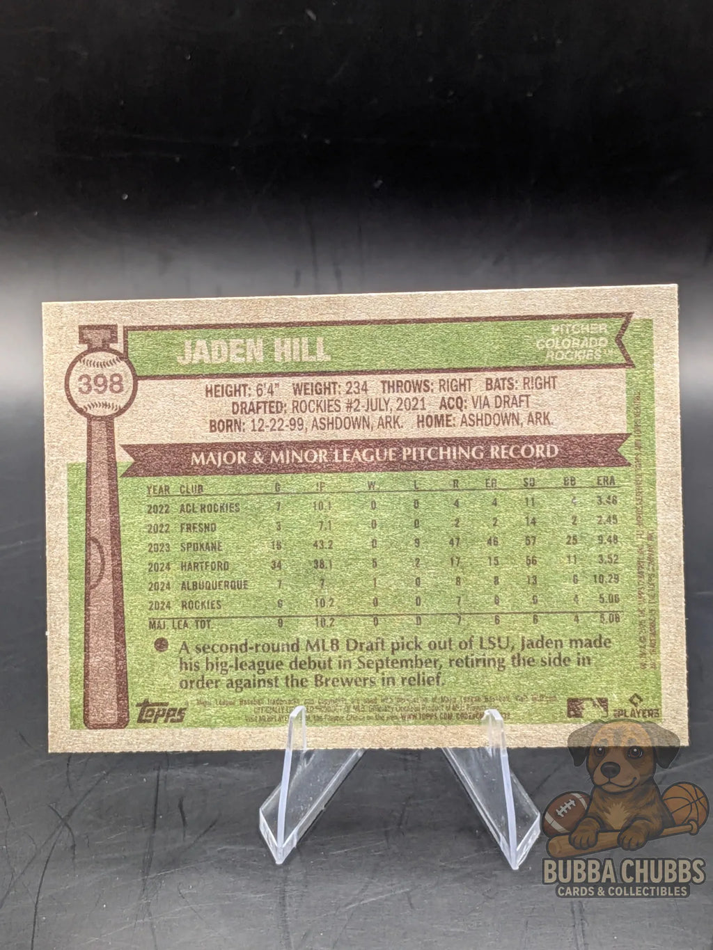 Baseball rookie trading card of Jaden Hill on the Colorado Rockies topps heritage