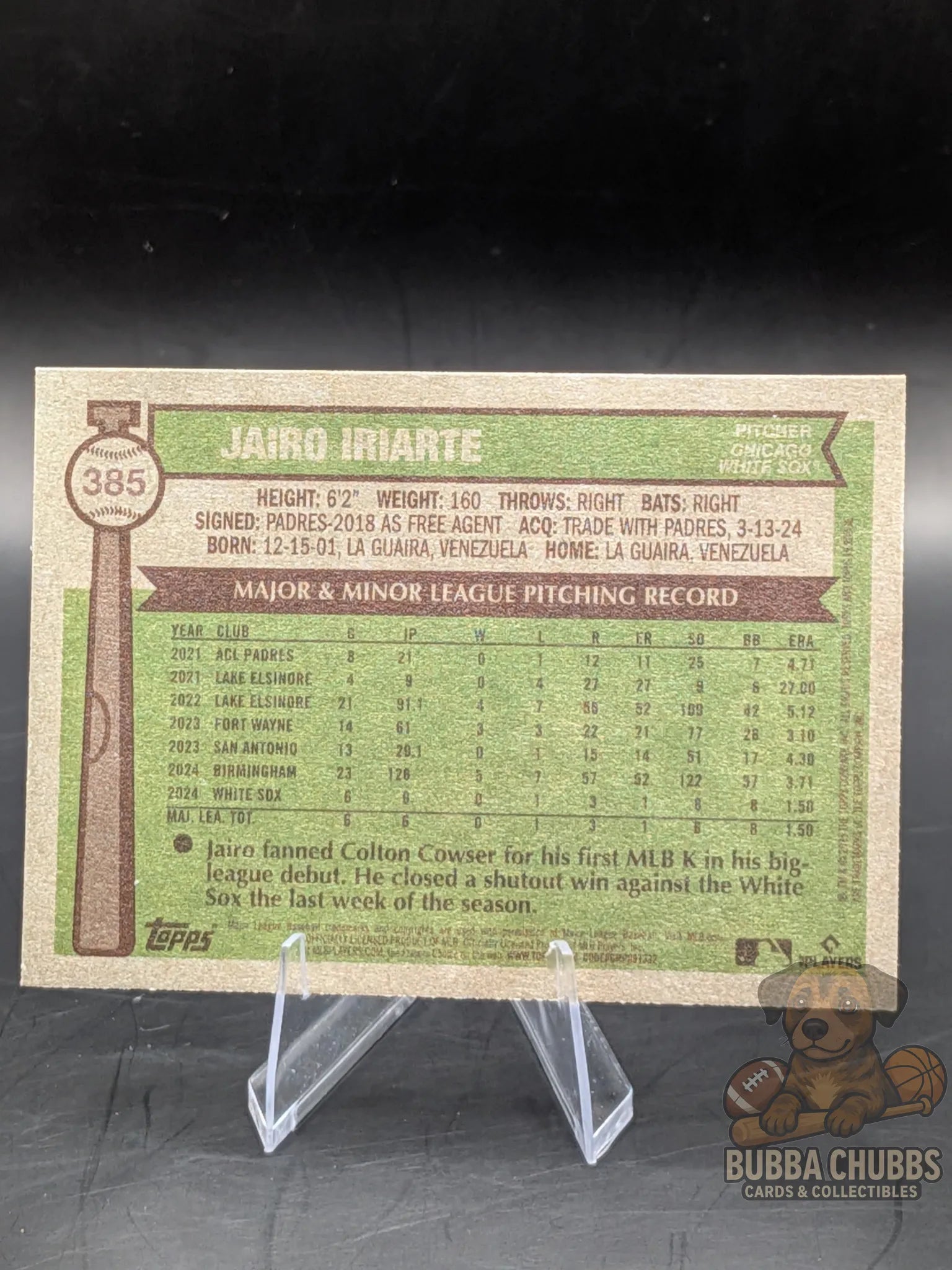 Baseball rookie trading card of Jairo Iriarte of the Chicago White Sox topps heritage