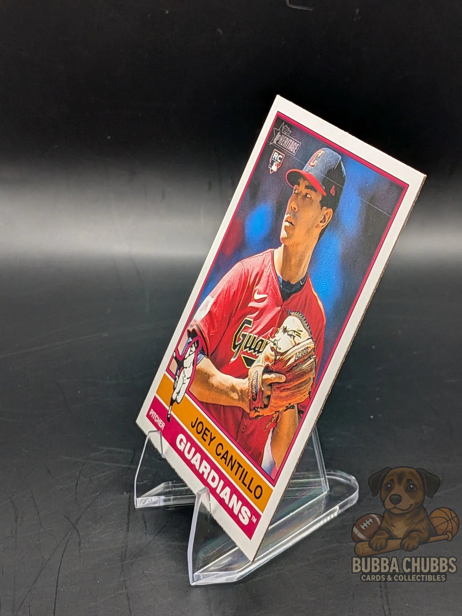 Baseball rookie trading card of rookie Joey Cantillo with the Cleveland Guardians topps heritage