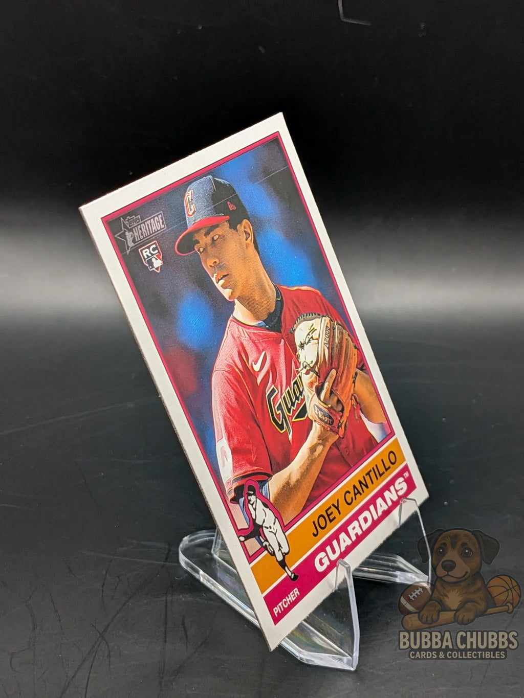 Baseball rookie trading card of rookie Joey Cantillo with the Cleveland Guardians topps heritage