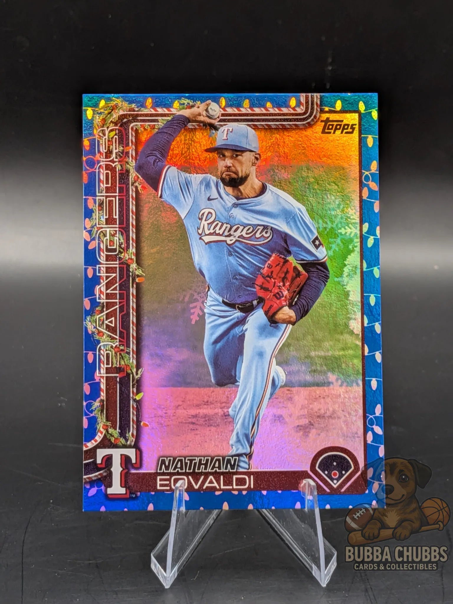 Baseball trading card of Nathan Eovaldi of the Texas Rangers topps holiday blue lights foil parallel
