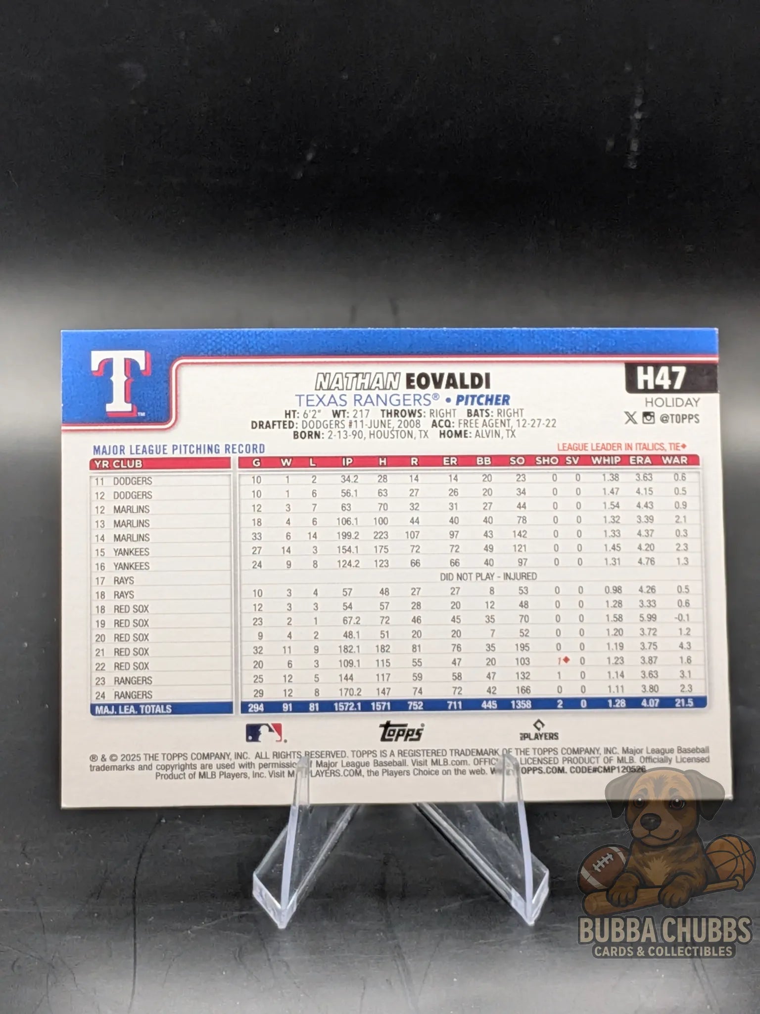 Baseball trading card of Nathan Eovaldi of the Texas Rangers topps holiday blue lights foil parallel