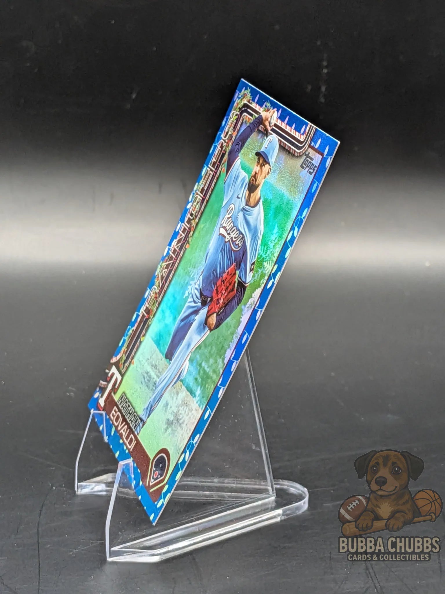 Baseball trading card of Nathan Eovaldi of the Texas Rangers topps holiday blue lights foil parallel