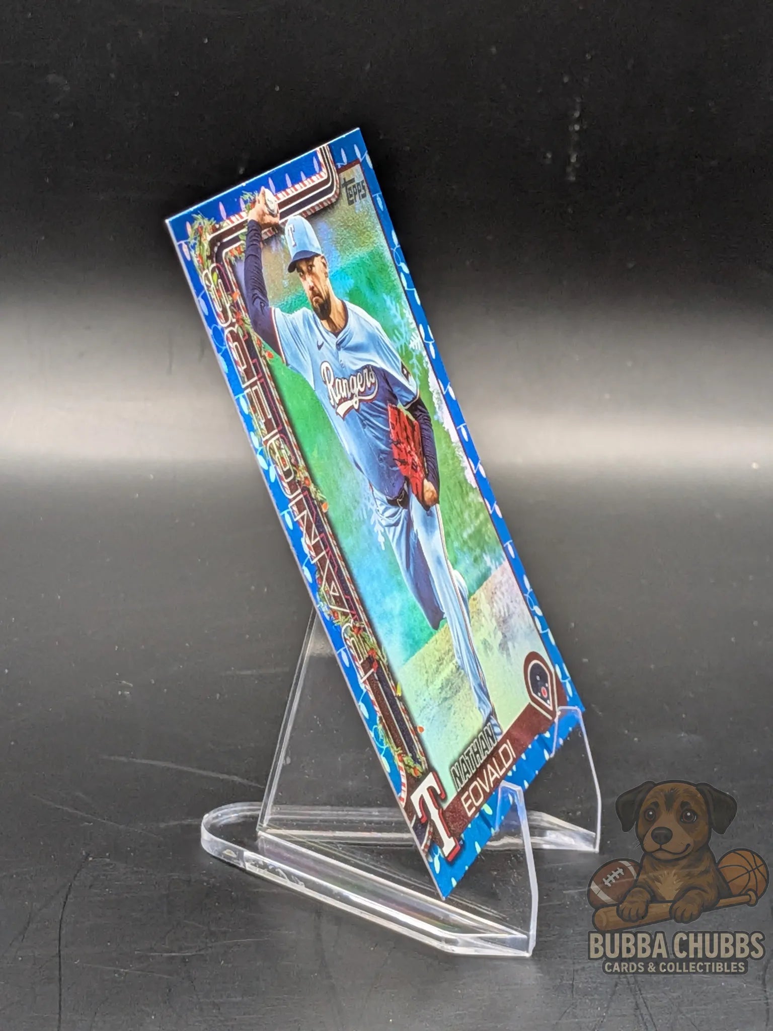 Baseball trading card of Nathan Eovaldi of the Texas Rangers topps holiday blue lights foil parallel