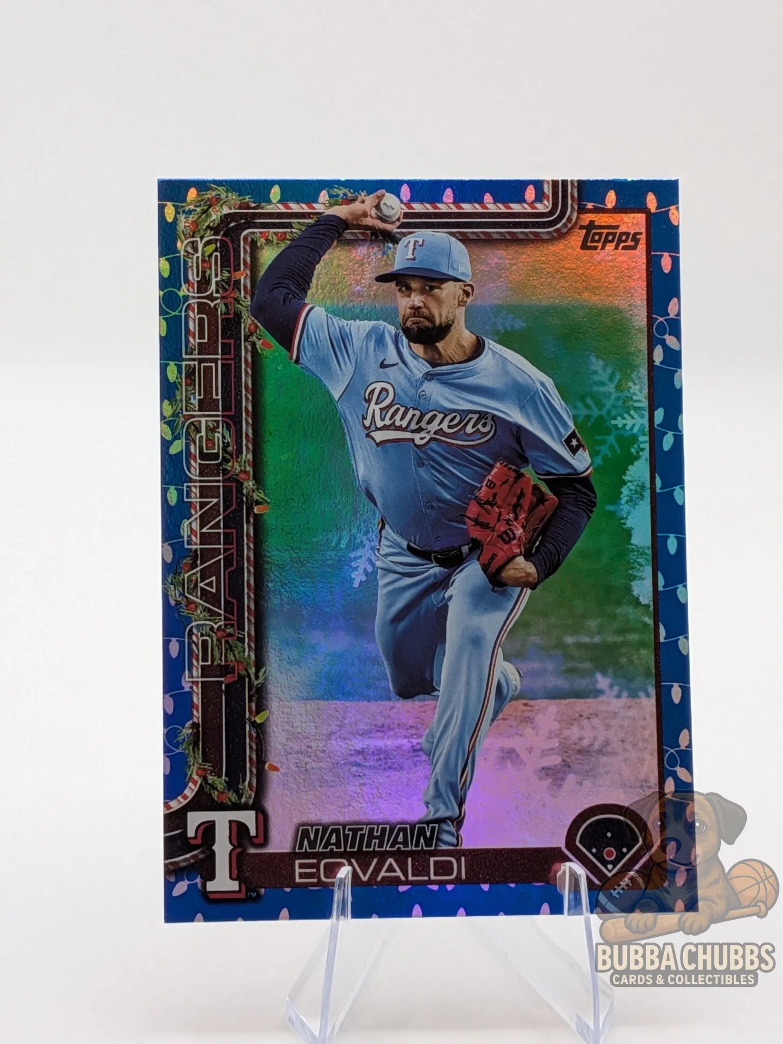 Baseball trading card of Nathan Eovaldi of the Texas Rangers topps holiday blue lights foil parallel