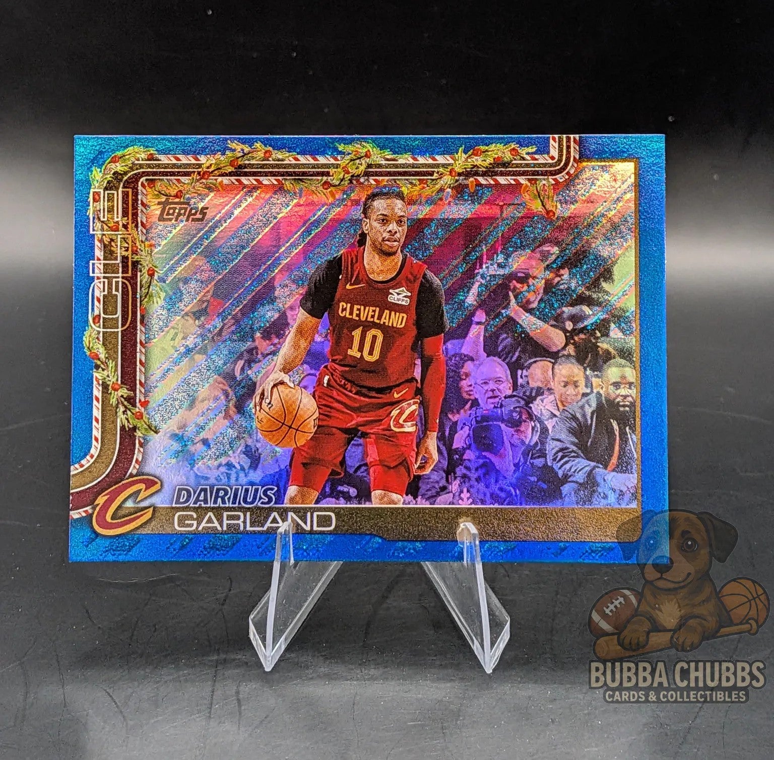 Basketball trading card of Darius Garland Cleveland cavaliers topps holiday blue glitter parallel
