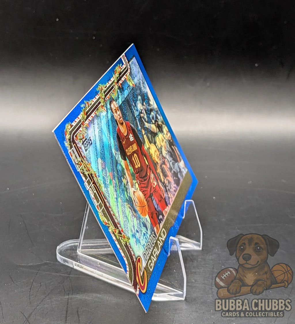 Basketball trading card of Darius Garland Cleveland cavaliers topps holiday blue glitter parallel