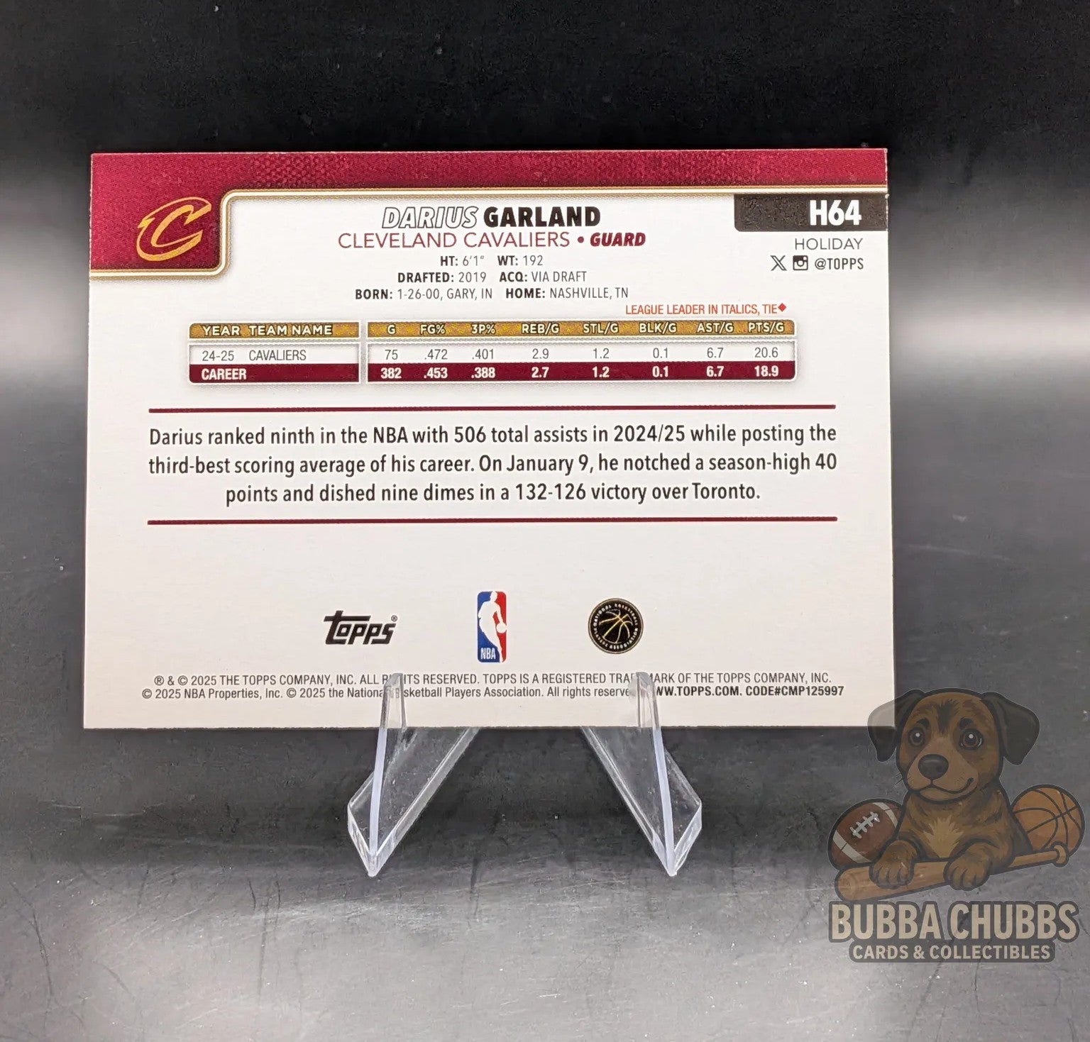 Basketball trading card of Darius Garland Cleveland cavaliers topps holiday blue glitter parallel