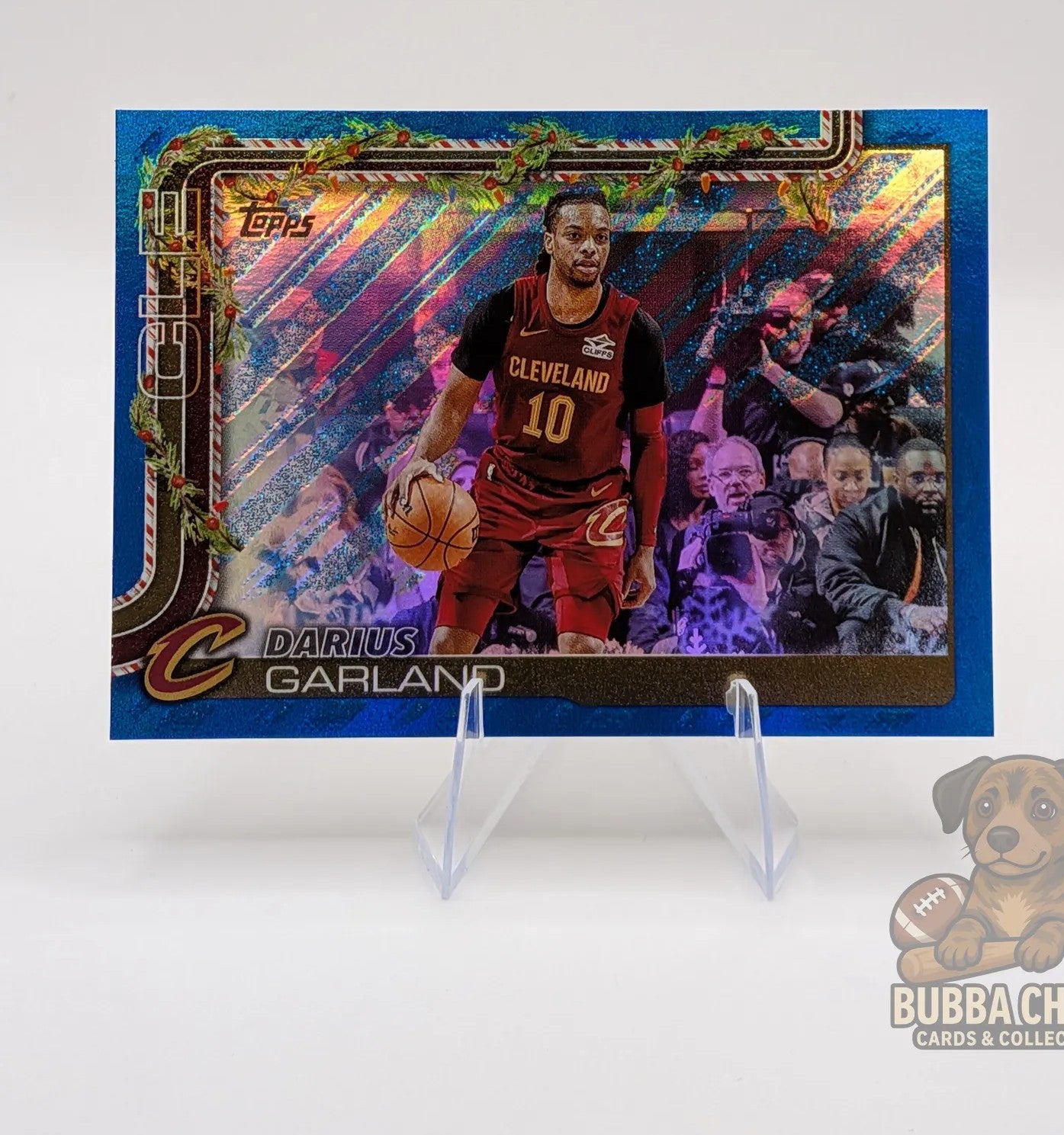 Basketball trading card of Darius Garland Cleveland cavaliers topps holiday blue glitter parallel
