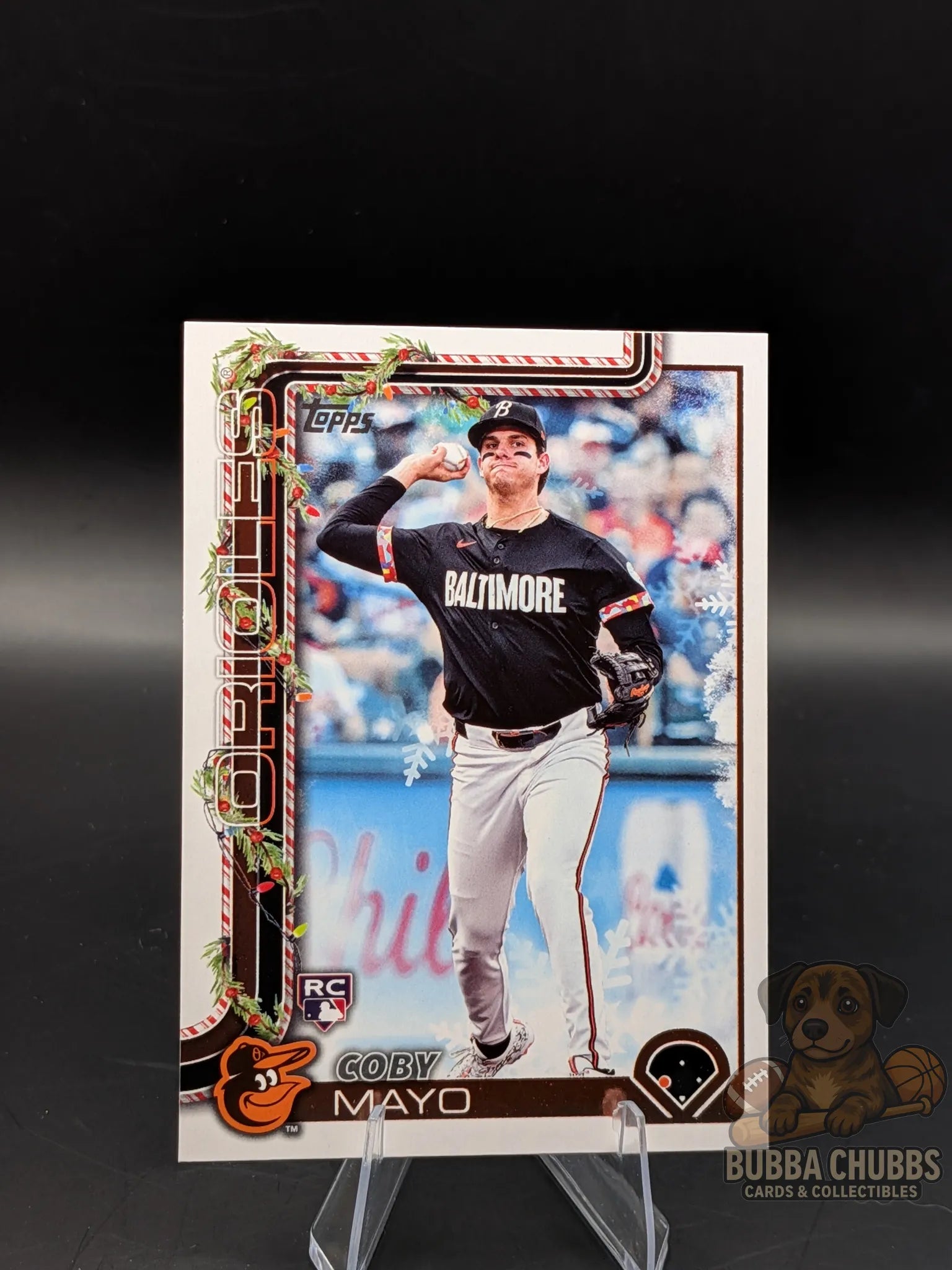 Baseball trading card of rookie coby mayo of the Baltimore orioles topps holiday 