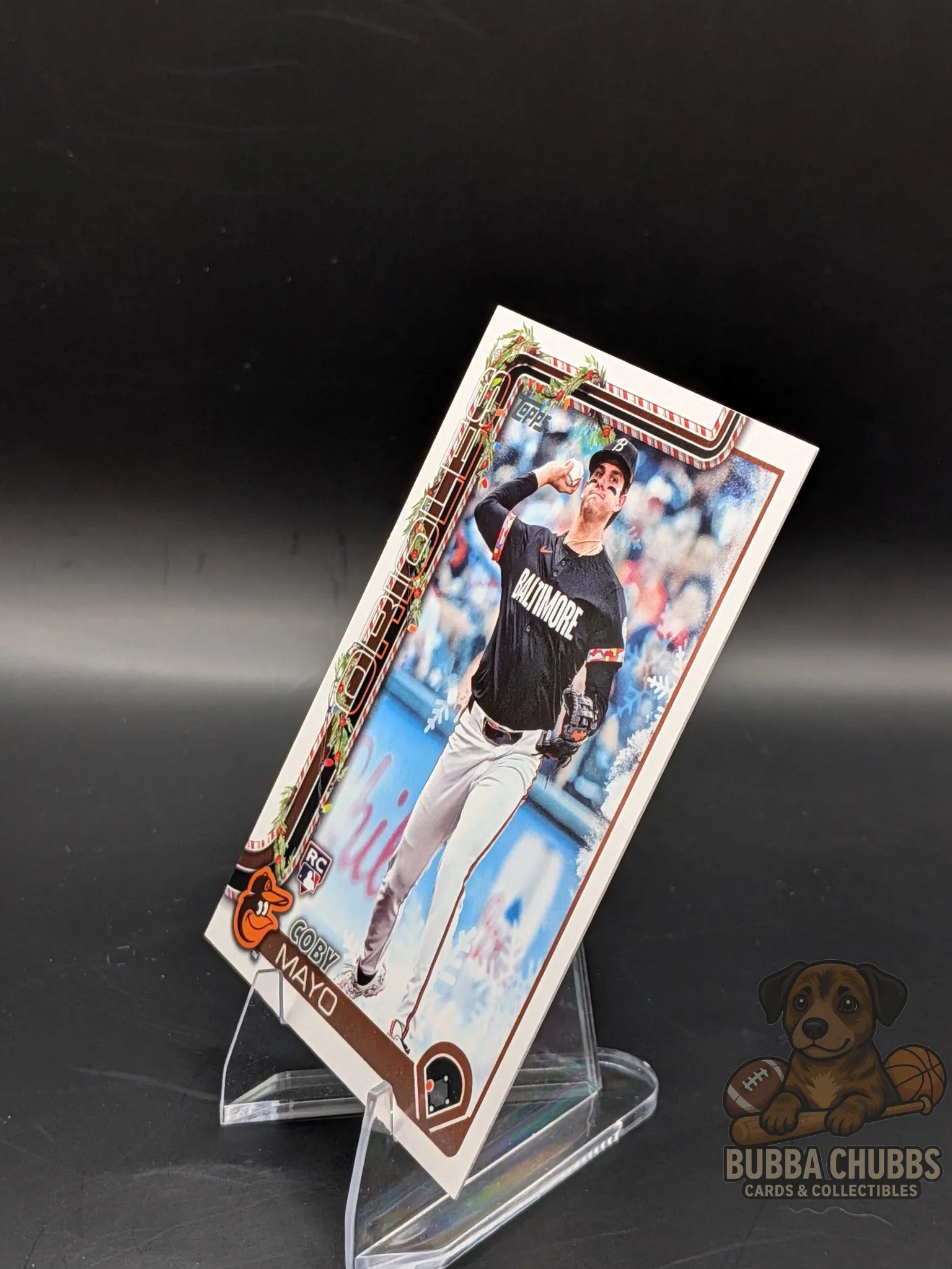 Baseball trading card of rookie coby mayo of the Baltimore orioles topps holiday 