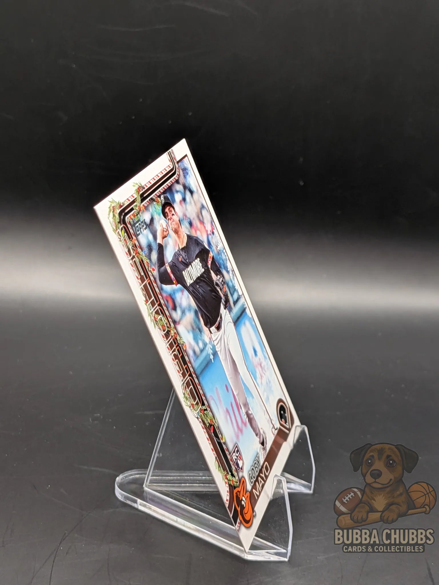 Baseball trading card of rookie coby mayo of the Baltimore orioles topps holiday 