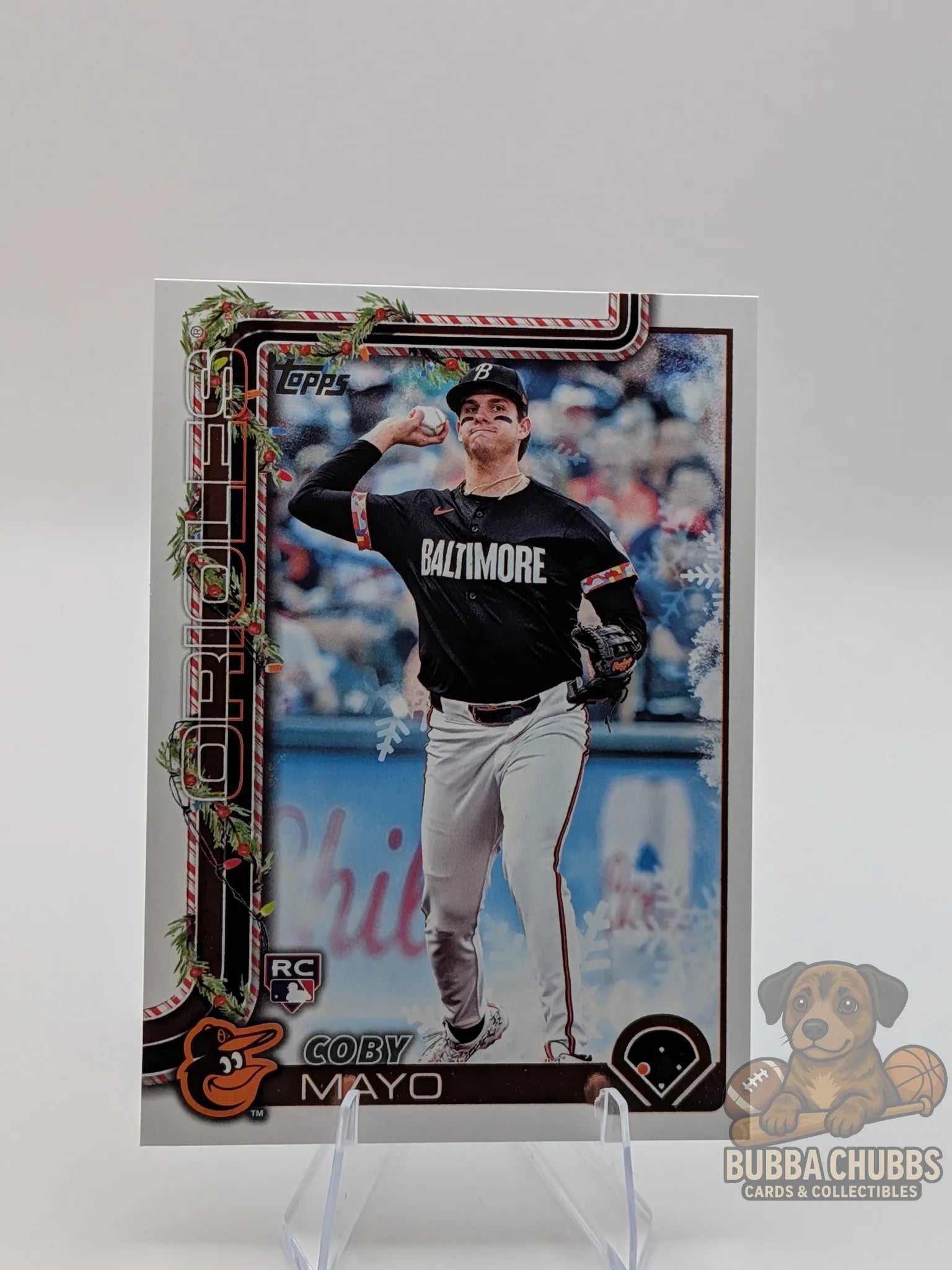 Baseball trading card of rookie coby mayo of the Baltimore orioles topps holiday 