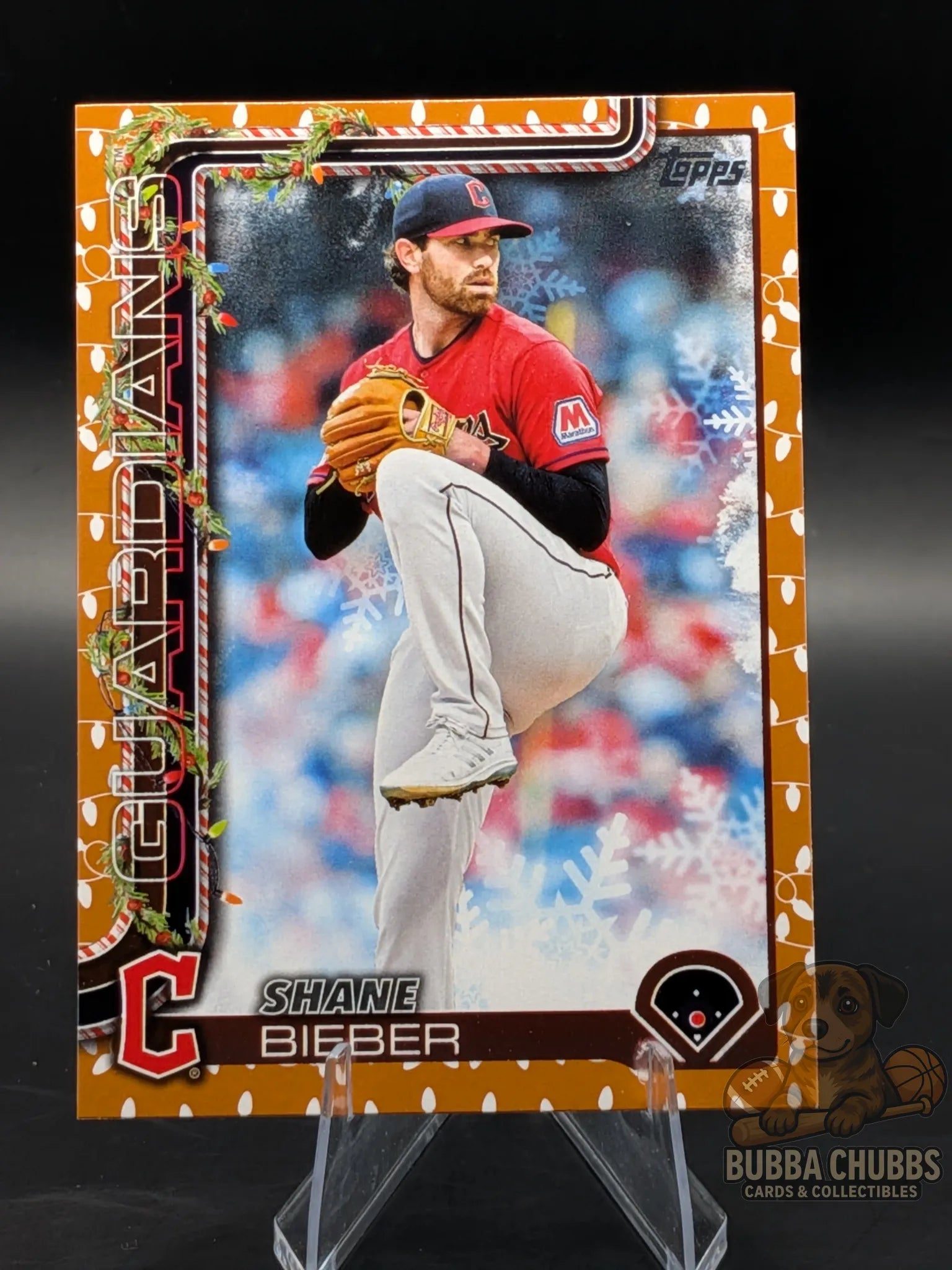Baseball trading card of Shane Bieber of the Cleveland Guardians topps holiday parallel