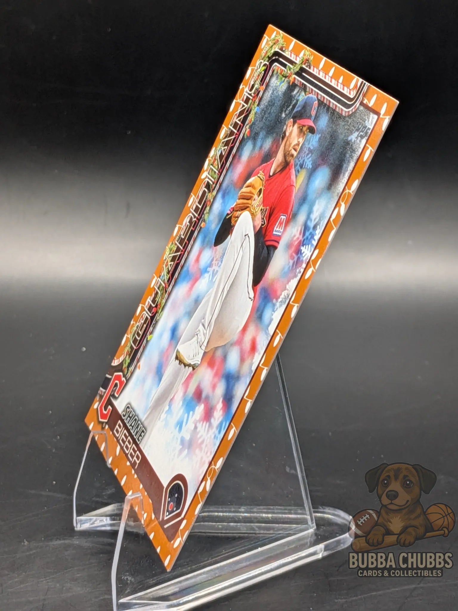 Baseball trading card of Shane Bieber of the Cleveland Guardians topps holiday parallel