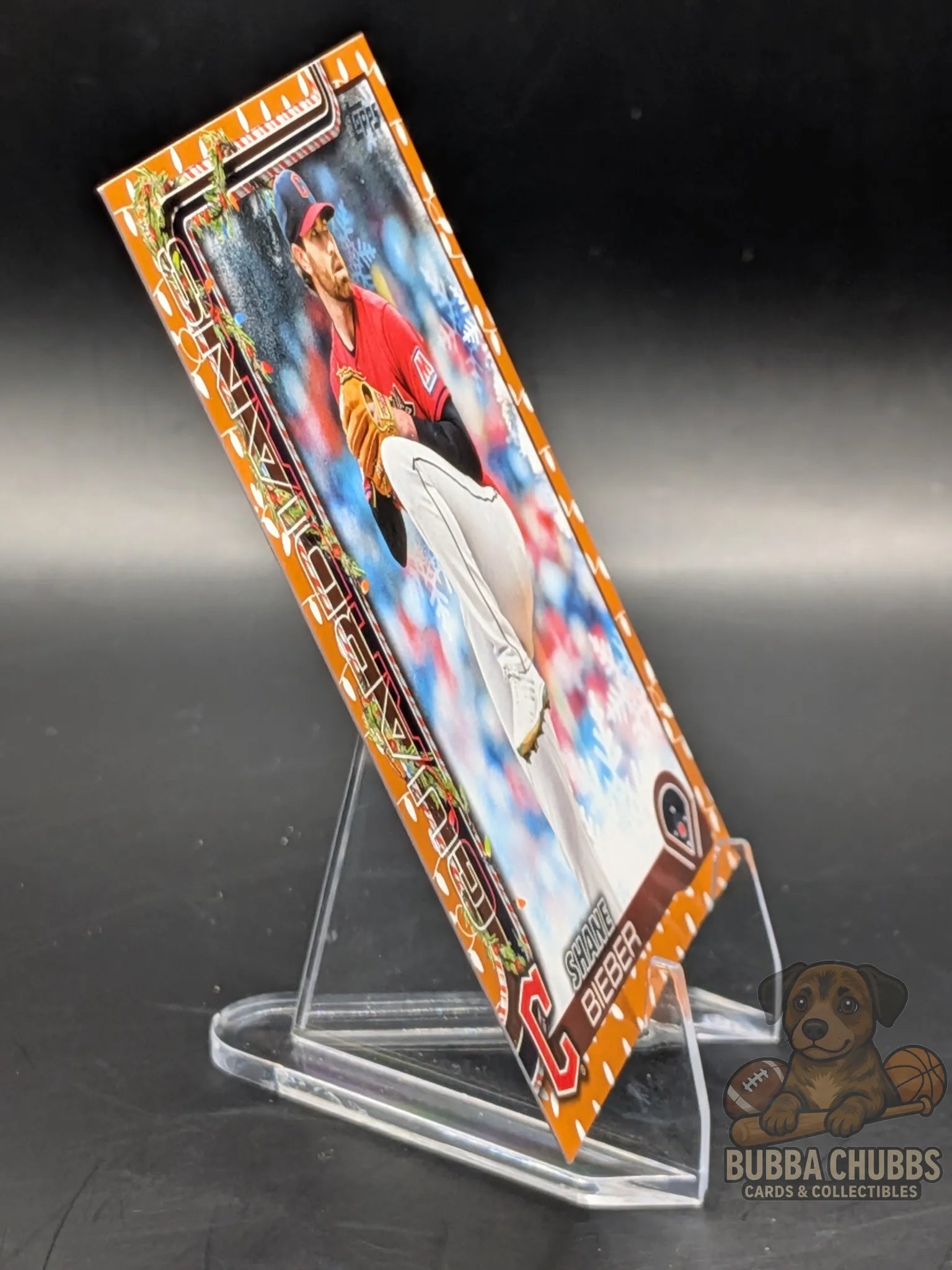 Baseball trading card of Shane Bieber of the Cleveland Guardians topps holiday parallel
