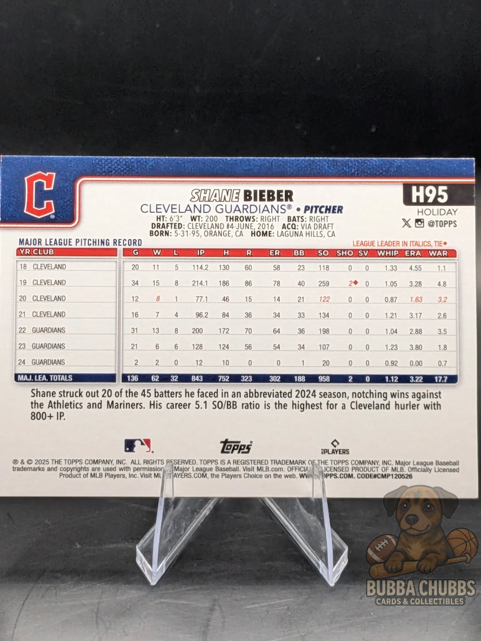 Baseball trading card of Shane Bieber of the Cleveland Guardians topps holiday parallel
