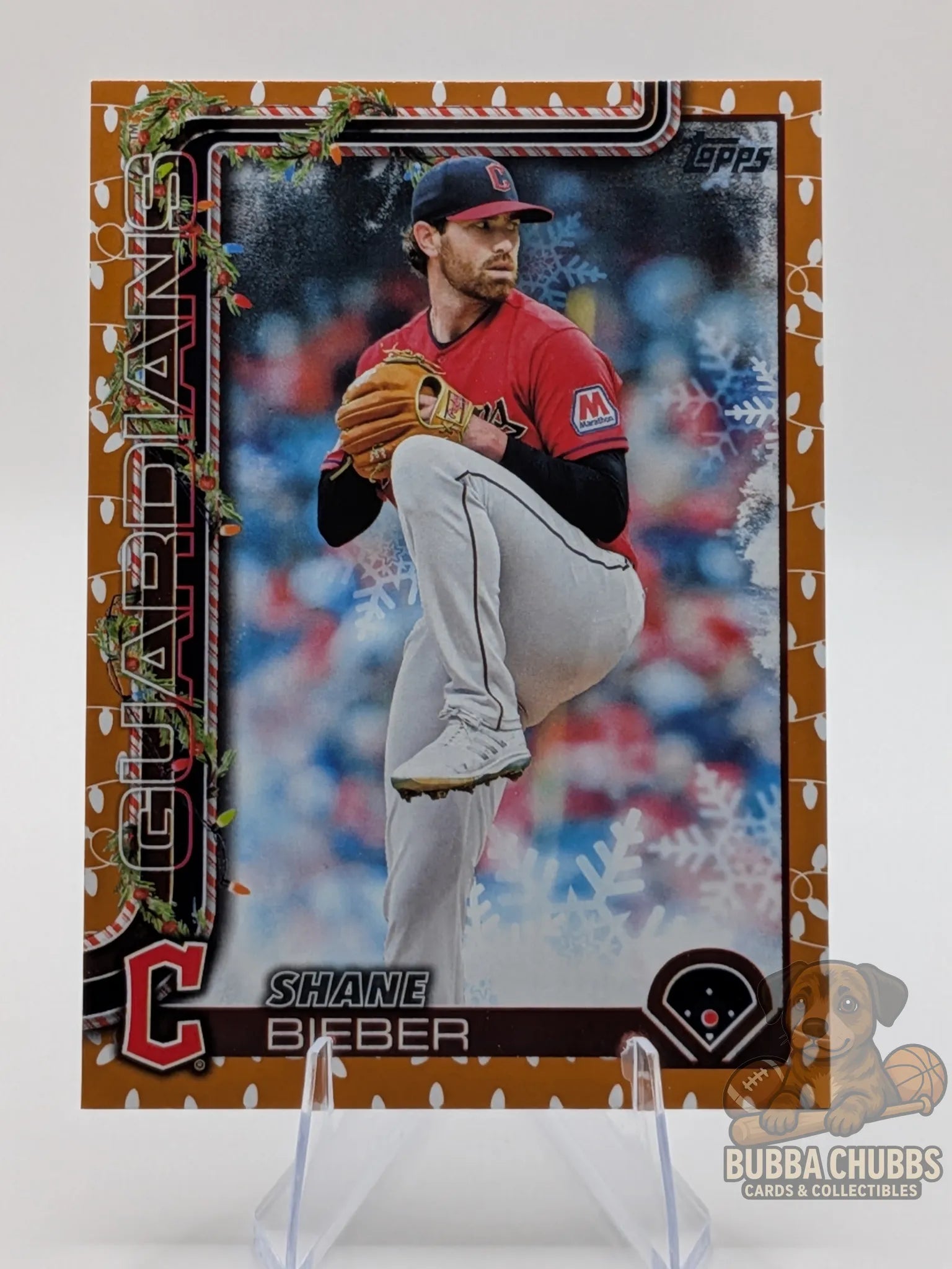 Baseball trading card of Shane Bieber of the Cleveland Guardians topps holiday parallel