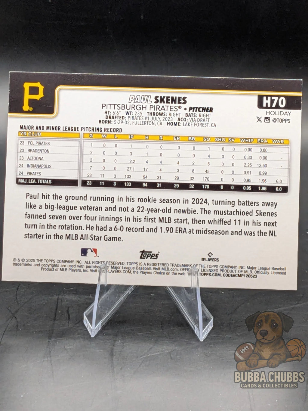 Baseball trading card of Paul Skenes of the Pittsburgh Pirates Topps Holiday Rookie Cup