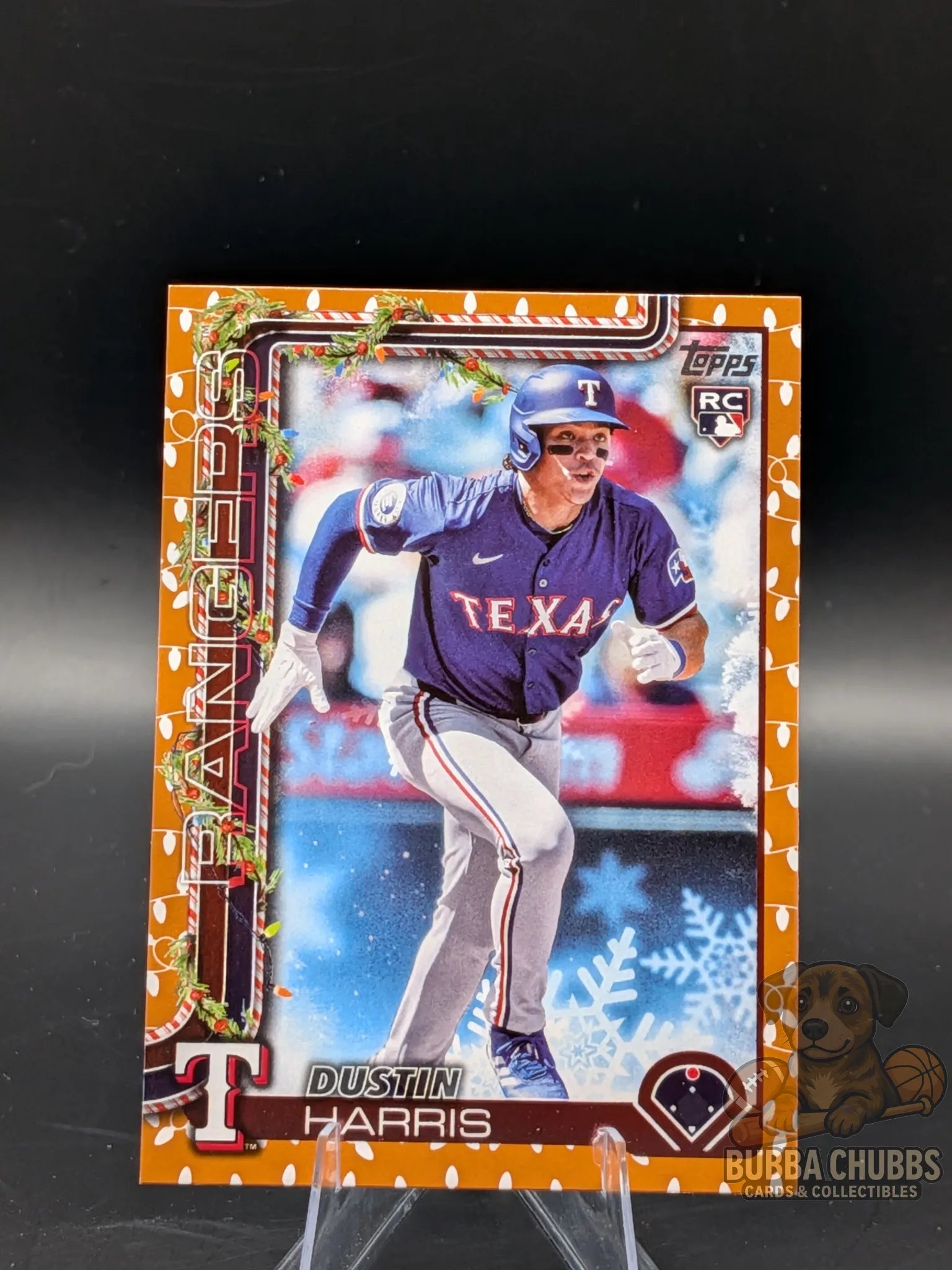 Baseball rookie trading card of Dustin Harris of the Texas Rangers topps holiday parallel