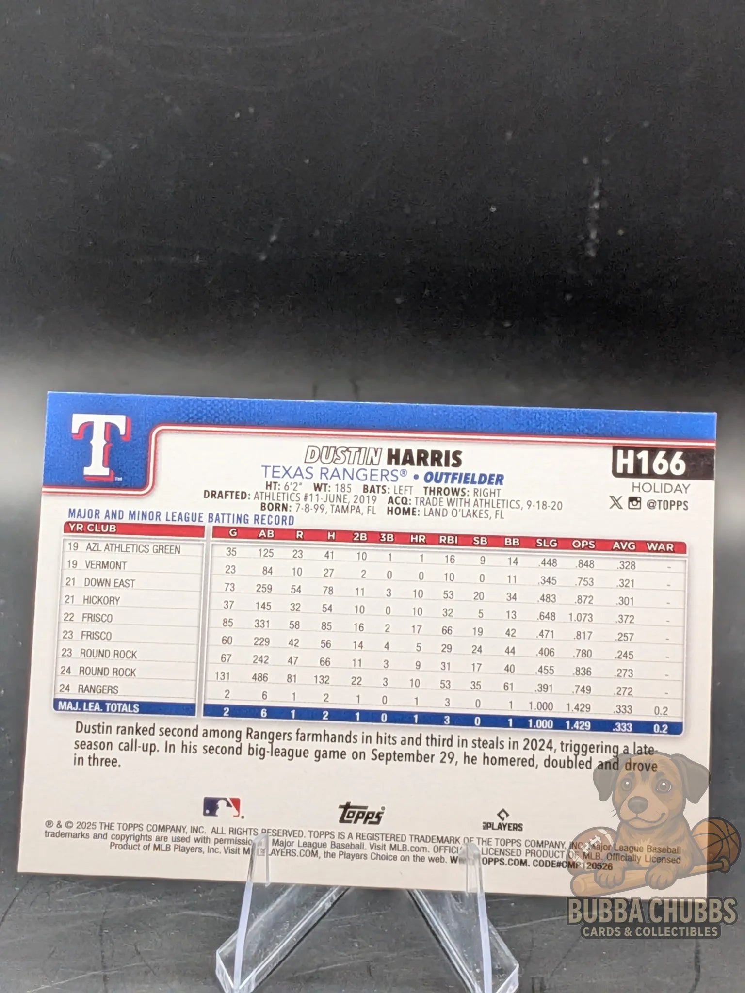 Baseball rookie trading card of Dustin Harris of the Texas Rangers topps holiday parallel