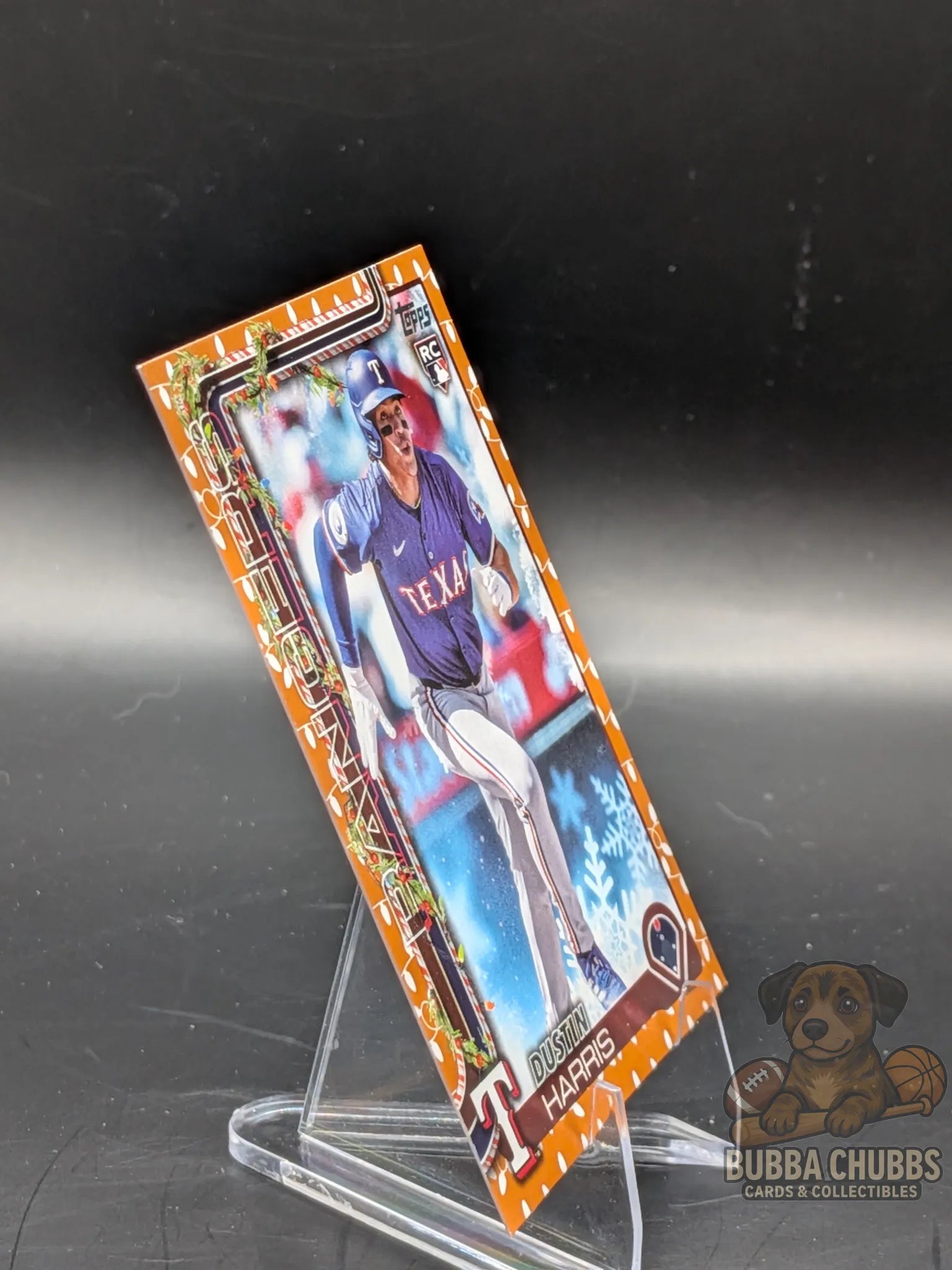 Baseball rookie trading card of Dustin Harris of the Texas Rangers topps holiday parallel
